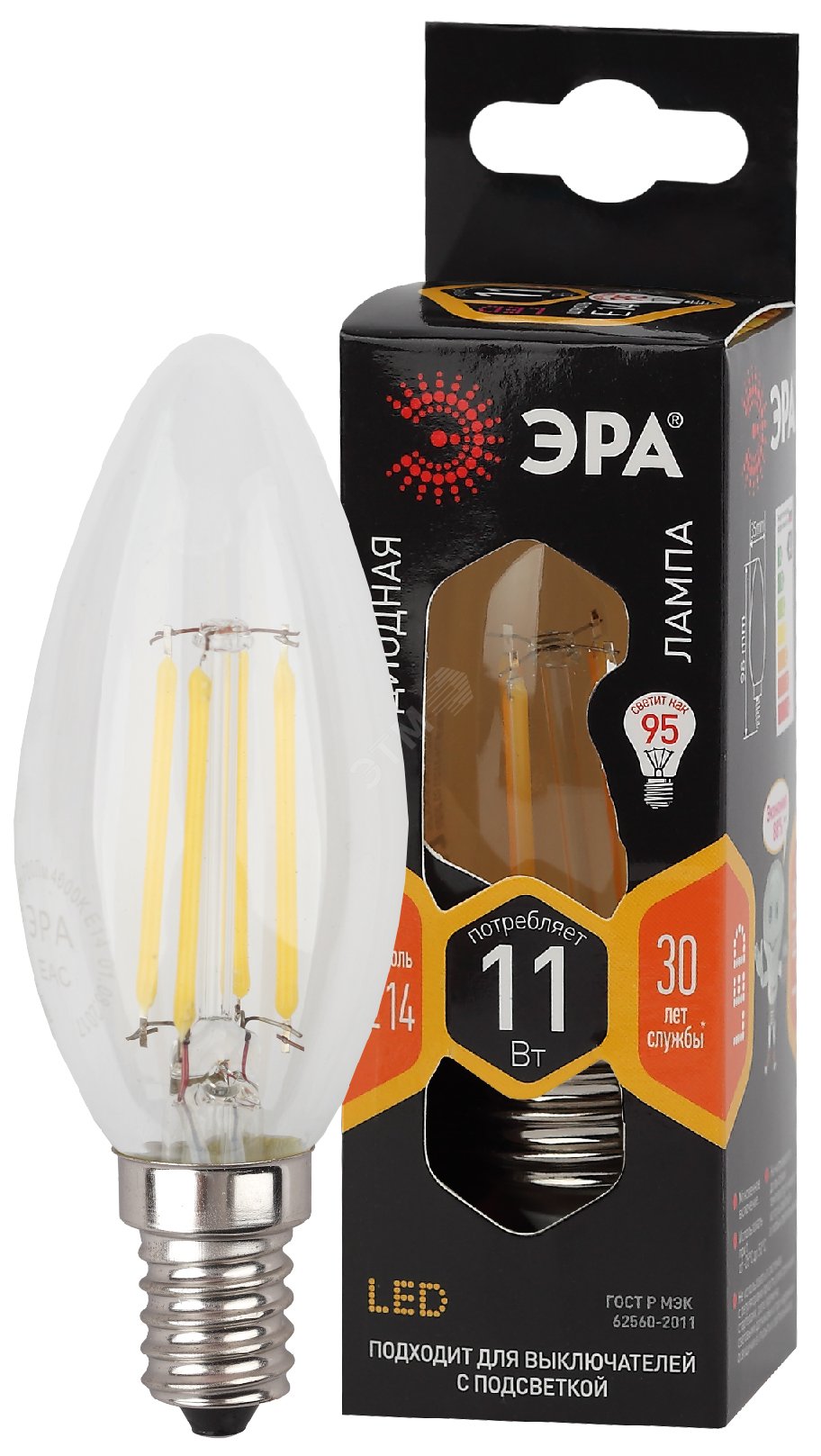 Изображение товара Лампа светодиодная LED 11 Вт 1430Лм 2700К E14 свеча филамент