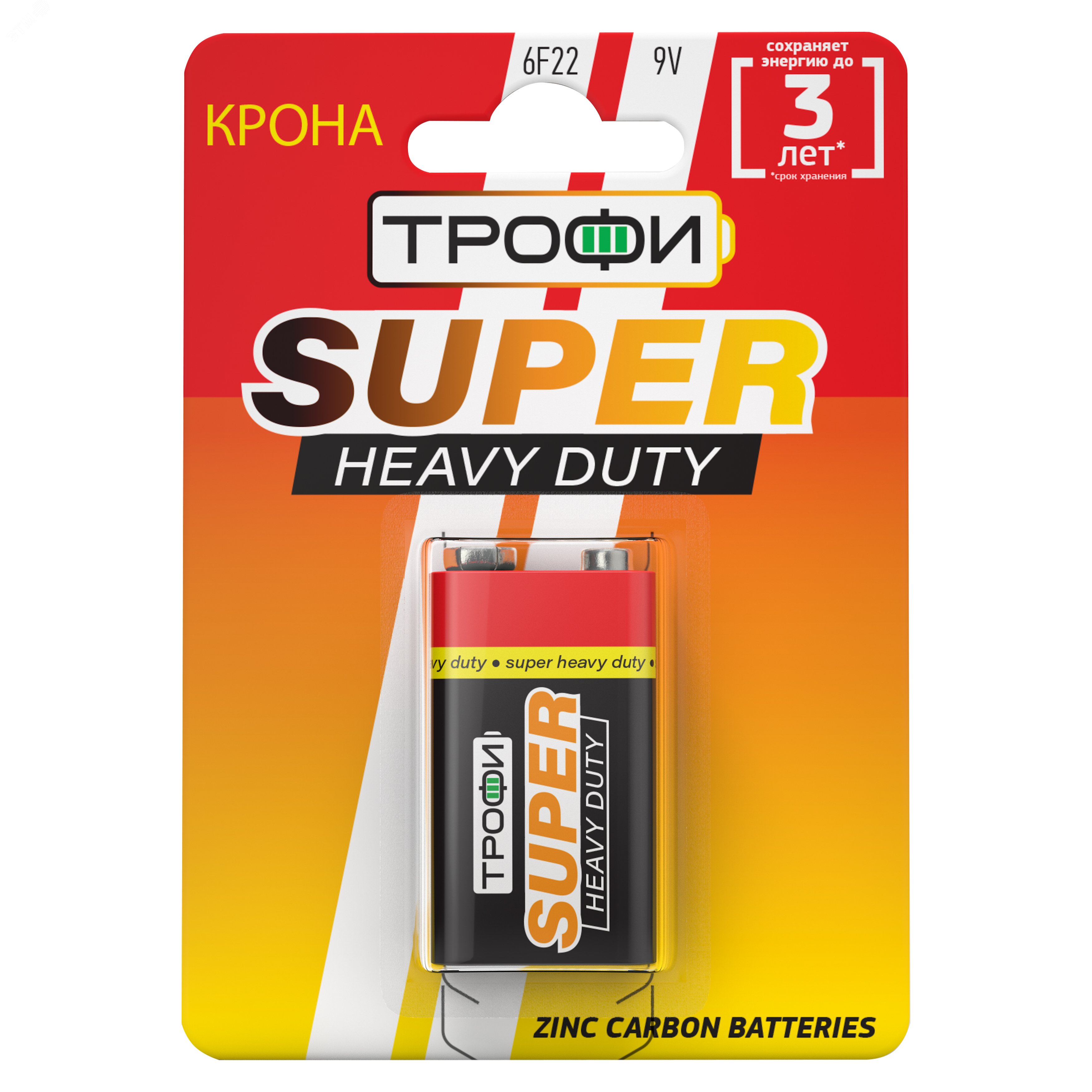 Изображение товара Батарейка Трофи 6F22-1BL SUPER HEAVY DUTY Zinc (12/96/6912) (шт)