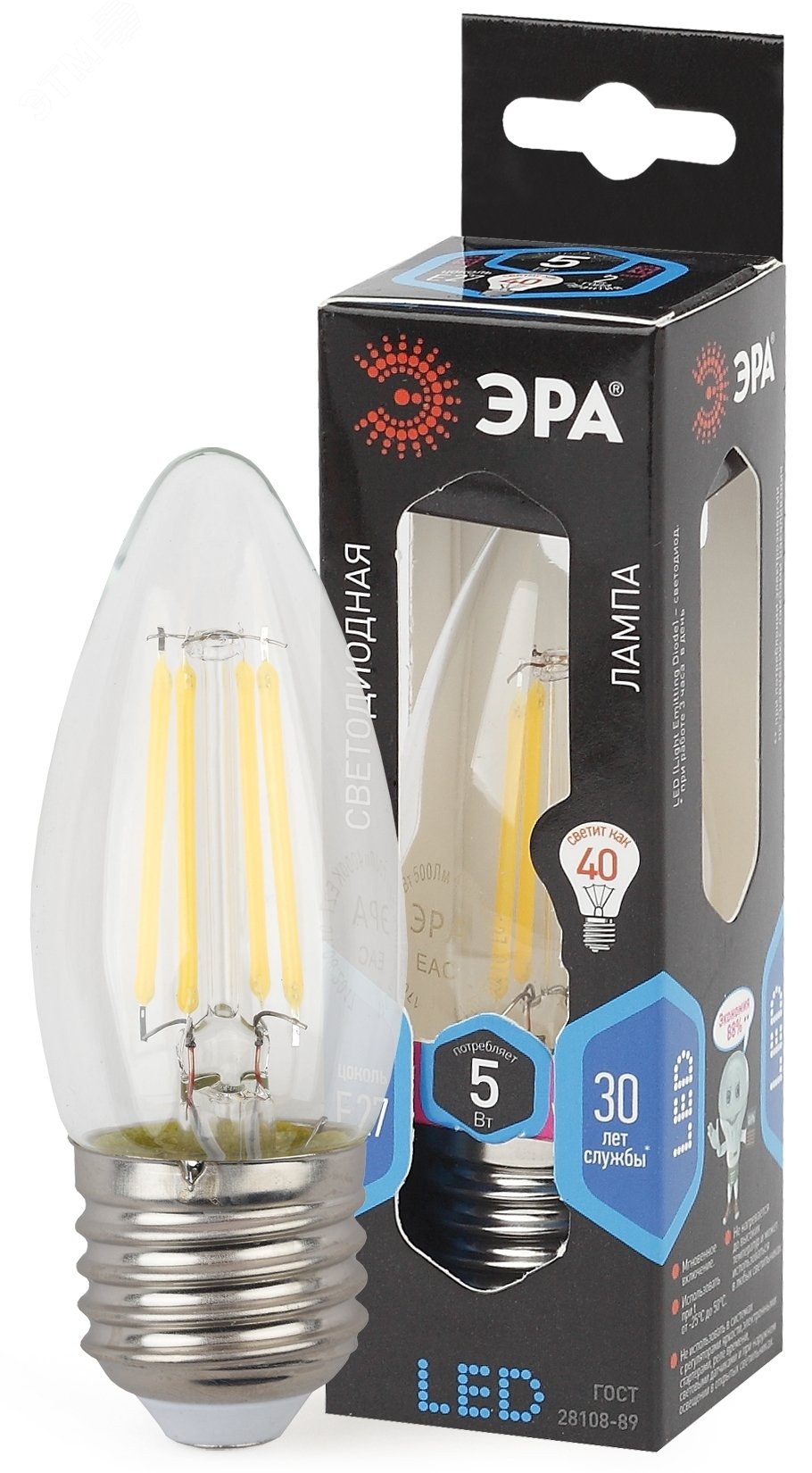 Лампа светодиодная филаментная F-LED B35-5W-840-E27 (филамент, свеча, 5Вт, нейтр, E27 (10/100/2800) Б0027934 ЭРА - превью