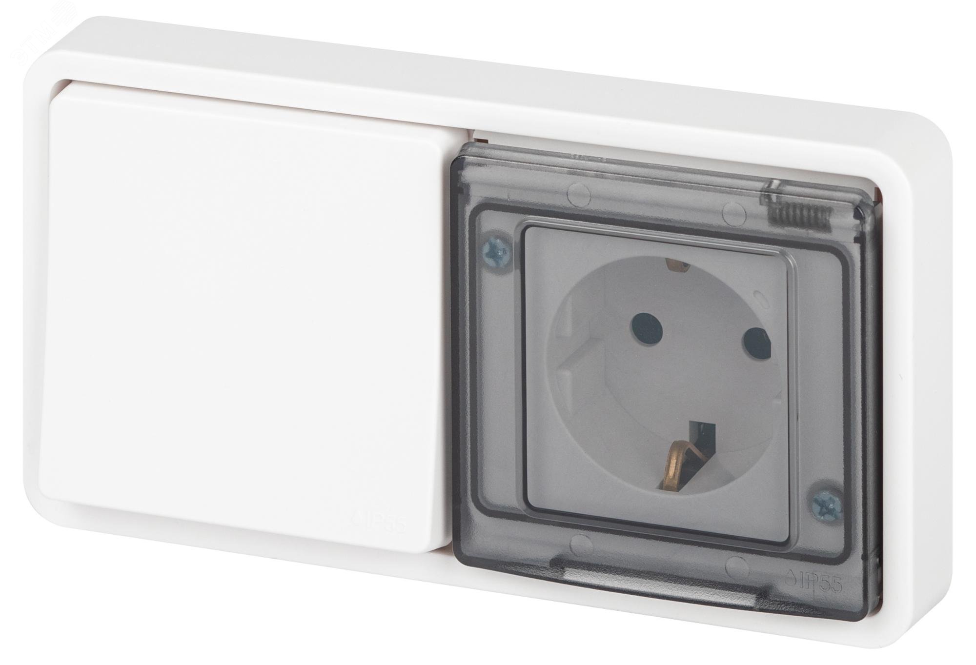 Блокрозеткасвыключателемскрытогомонтажаврамкубелый16А250ВIP55винтовыеклеммы11-7521-01ЭраЭксперт