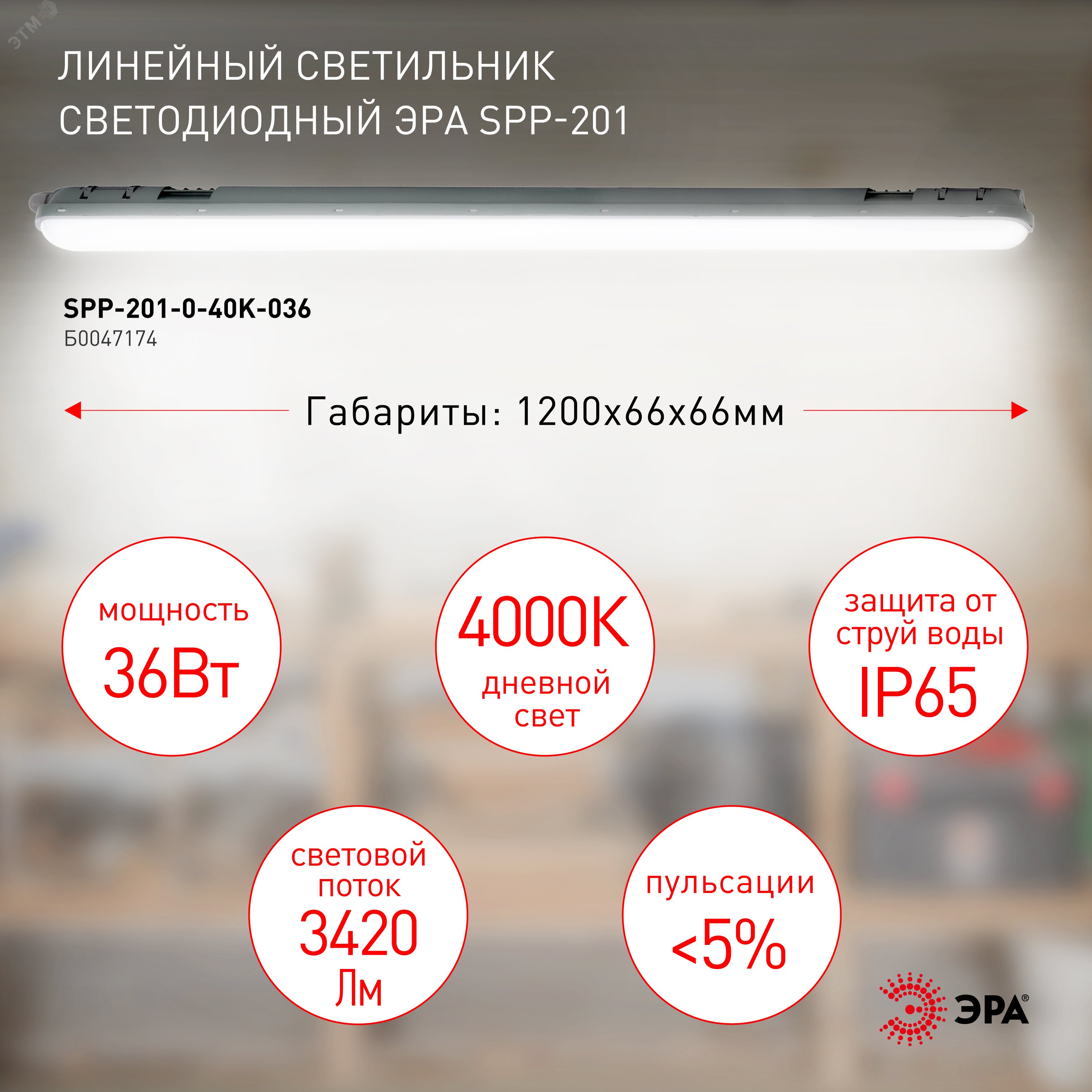 Светильник светодиодный линейный IP65 36Вт 3420Лм 4000К 1200мм мат SPP-201-0-40K-036 Б0047174 ЭРА - превью 4