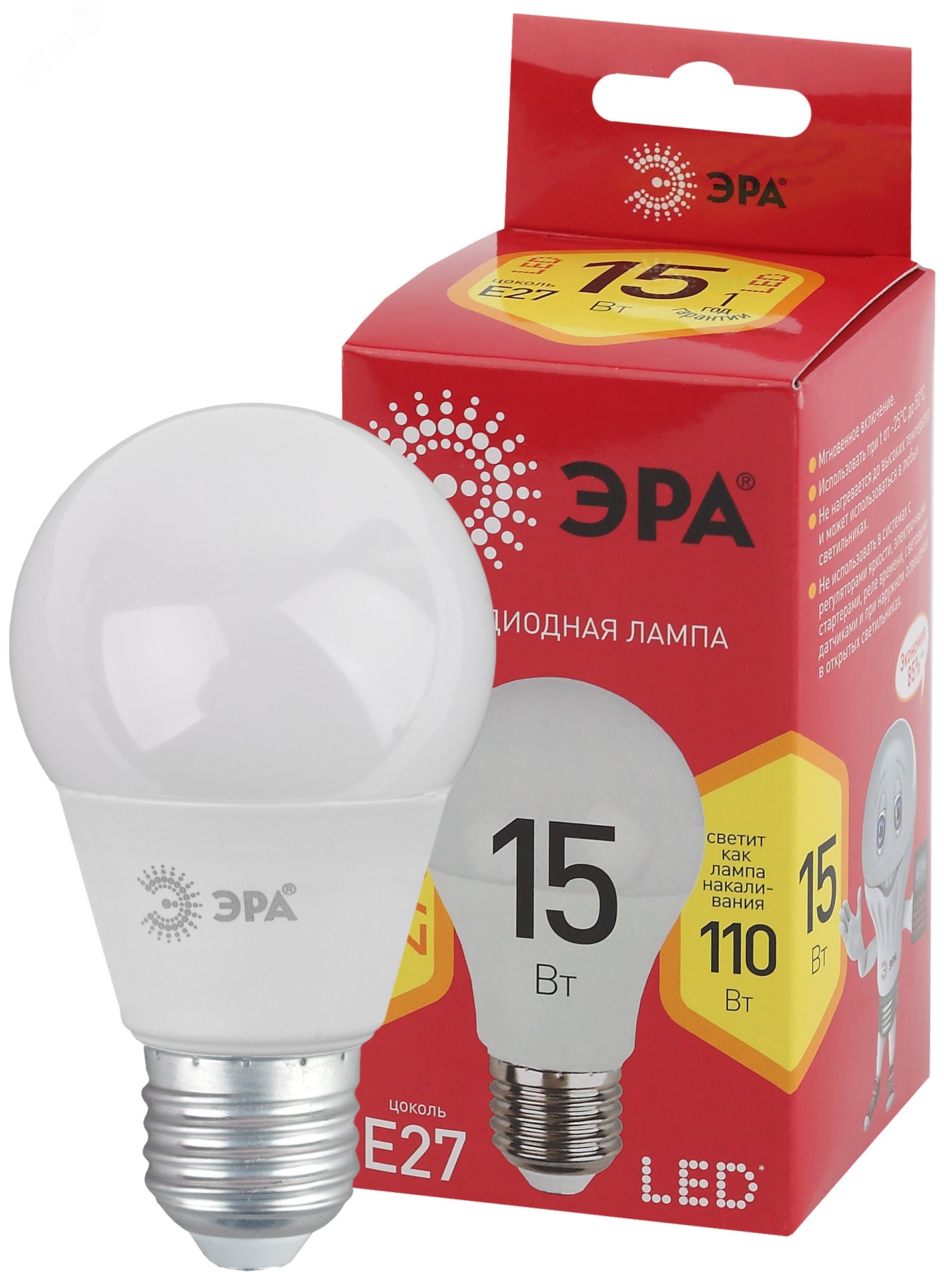 Лампа светодиодная A60-15W-827-E27 диод, груша 15Вт, тепл, E27 Б0046355 ЭРА - превью
