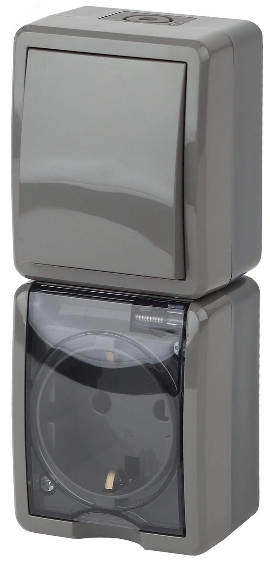 Изображение товара Влагозащищенный блок розетка с выключателем IP54 серия Эра Эксперт 16А 250В серый