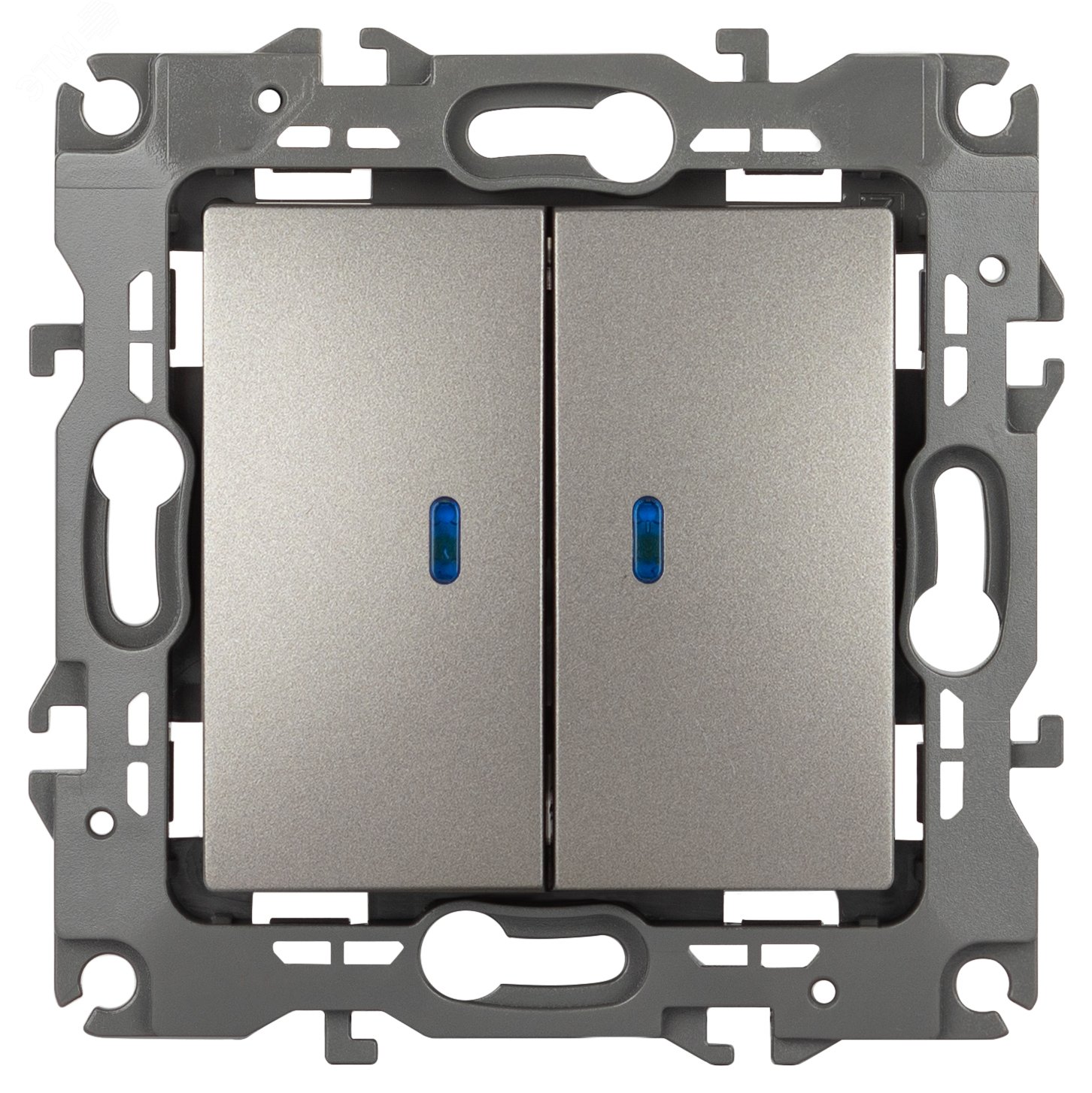 Изображение товара Выключатель двухклавишный скрытого монтажа с подсветкой титан 10А 250В автоматические (безвинтовые) ЭРА 12 12-1105-16 (шт)