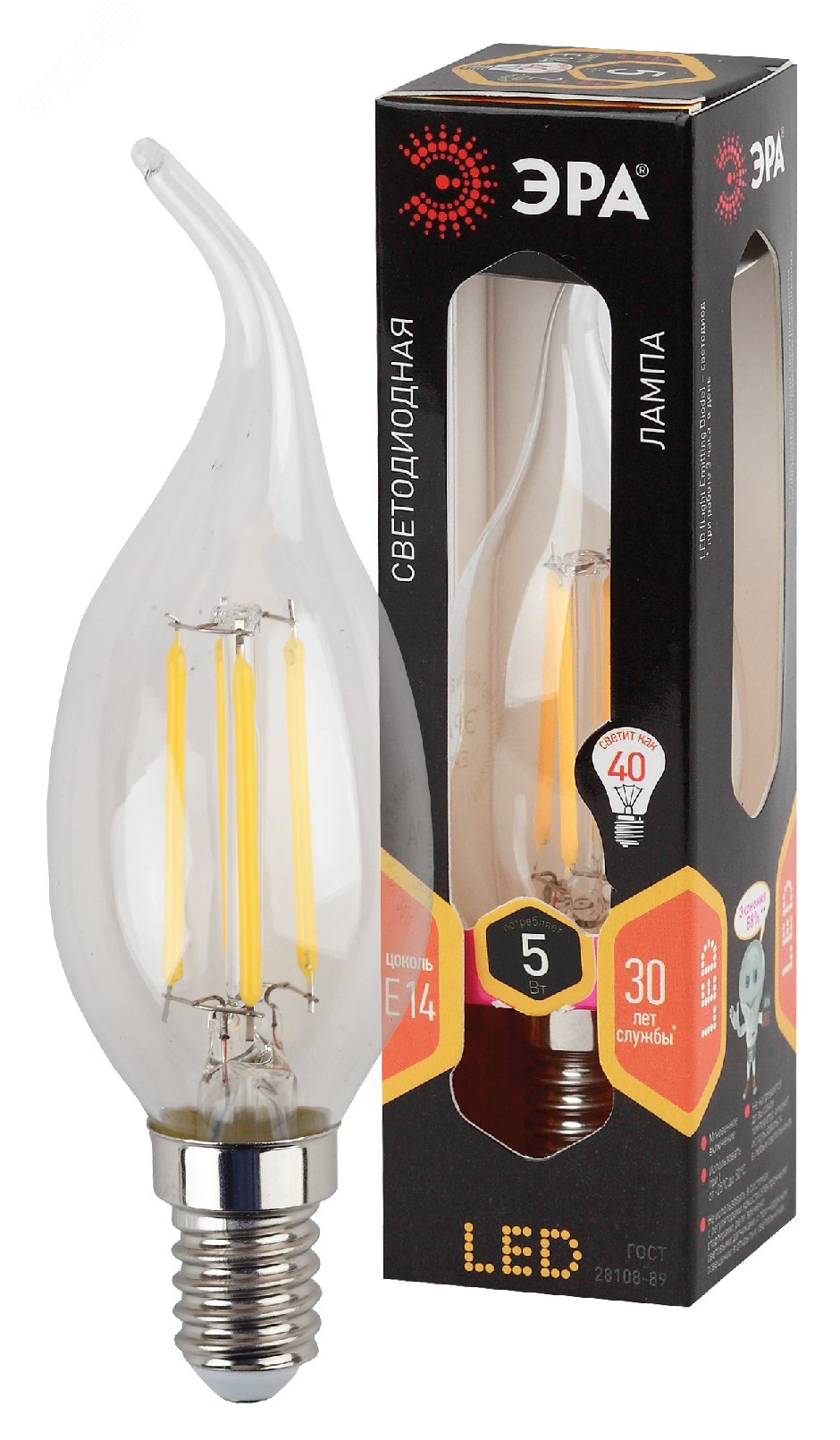 Лампа светодиодная филаментная F-LED BXS-5W-827-E14 (филамент, свеча на ветру, 5Вт, тепл, E14 (10/100/2800) Б0043436 ЭРА - превью