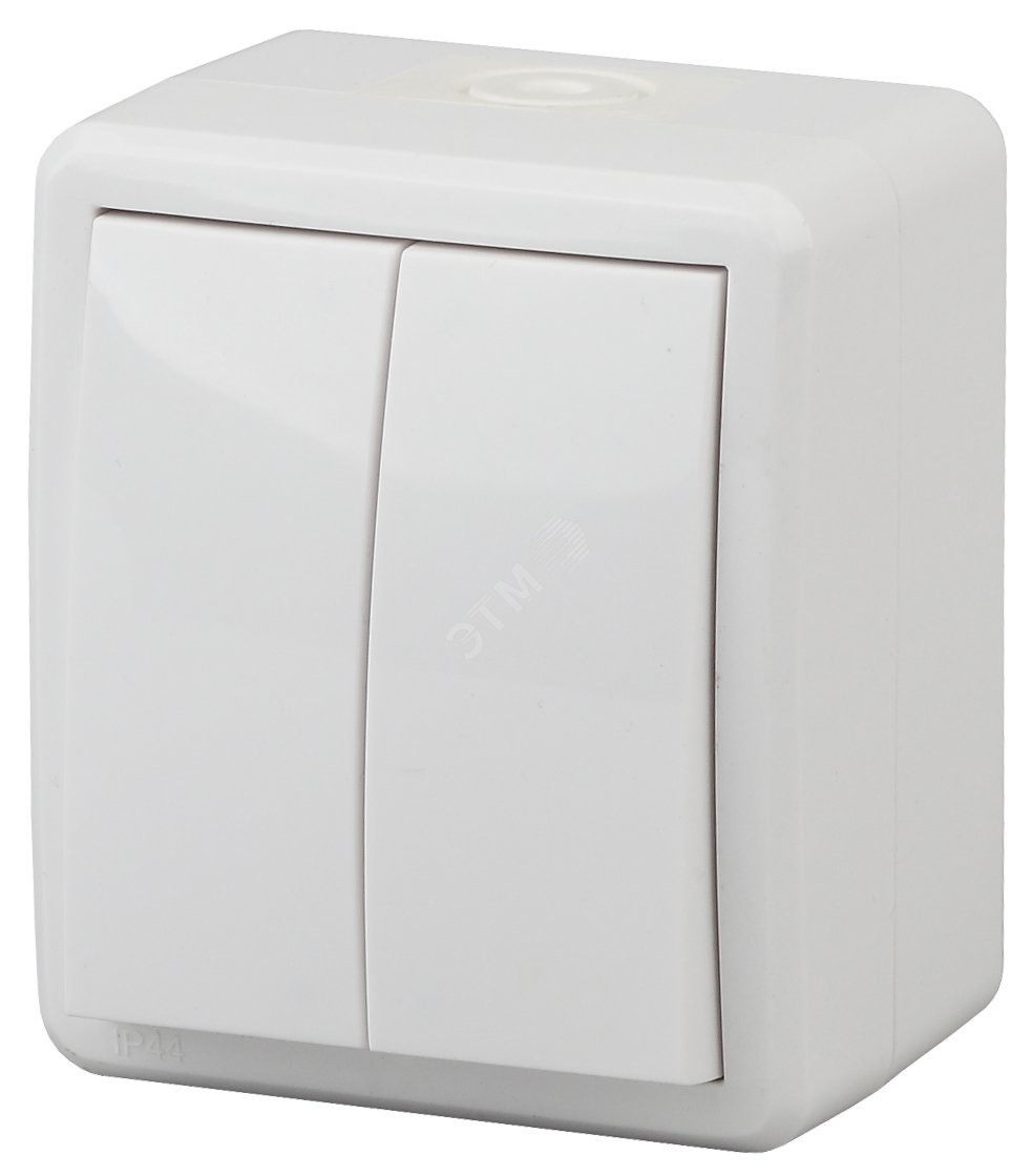 Изображение товара Выключатель двухклавишный наружный (открытой установки) с подсветкой IP54 белый 10А 250В винтовые зажимы ЭРА Эксперт 11-1405-01 (шт)