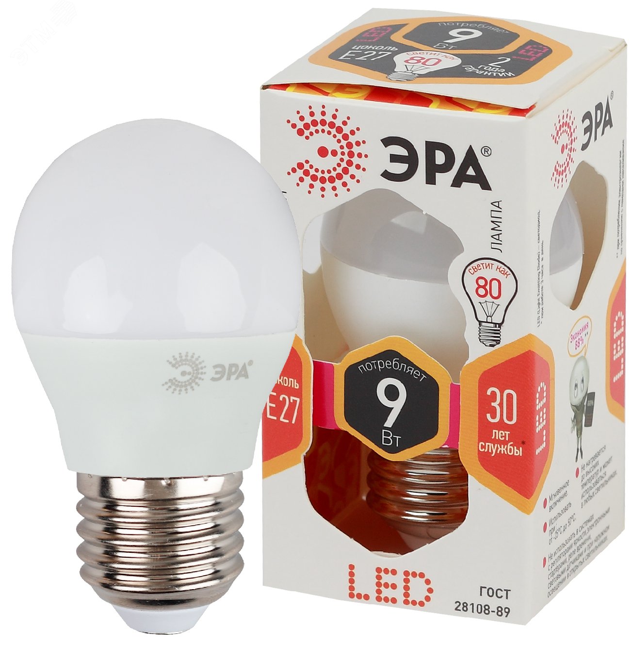 Лампа светодиодная LED P45-9W-827-E27 (диод, шар, 9Вт, тепл, E27  (10/100/3600) артикул Б0029043 ЭРА - купить в Москве и РФ по цене 97.68  руб. в интернет-магазине ЭТМ iPRO | характеристики, аналоги, стоимость