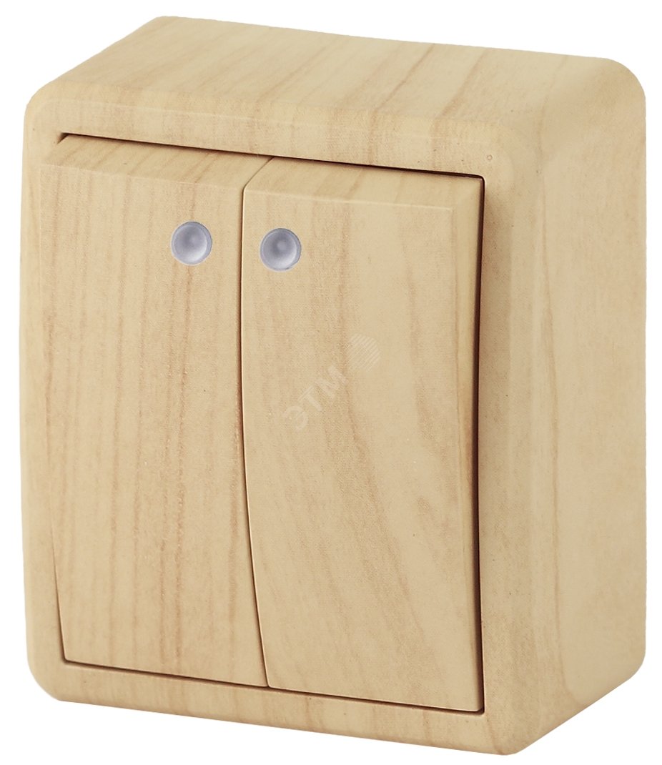 Изображение товара Выключатель двухклавишный наружный (открытой установки) с подсветкой IP20 сосна 10А 250В винтовые зажимы ЭРА Эксперт 11-1205-11 (шт)