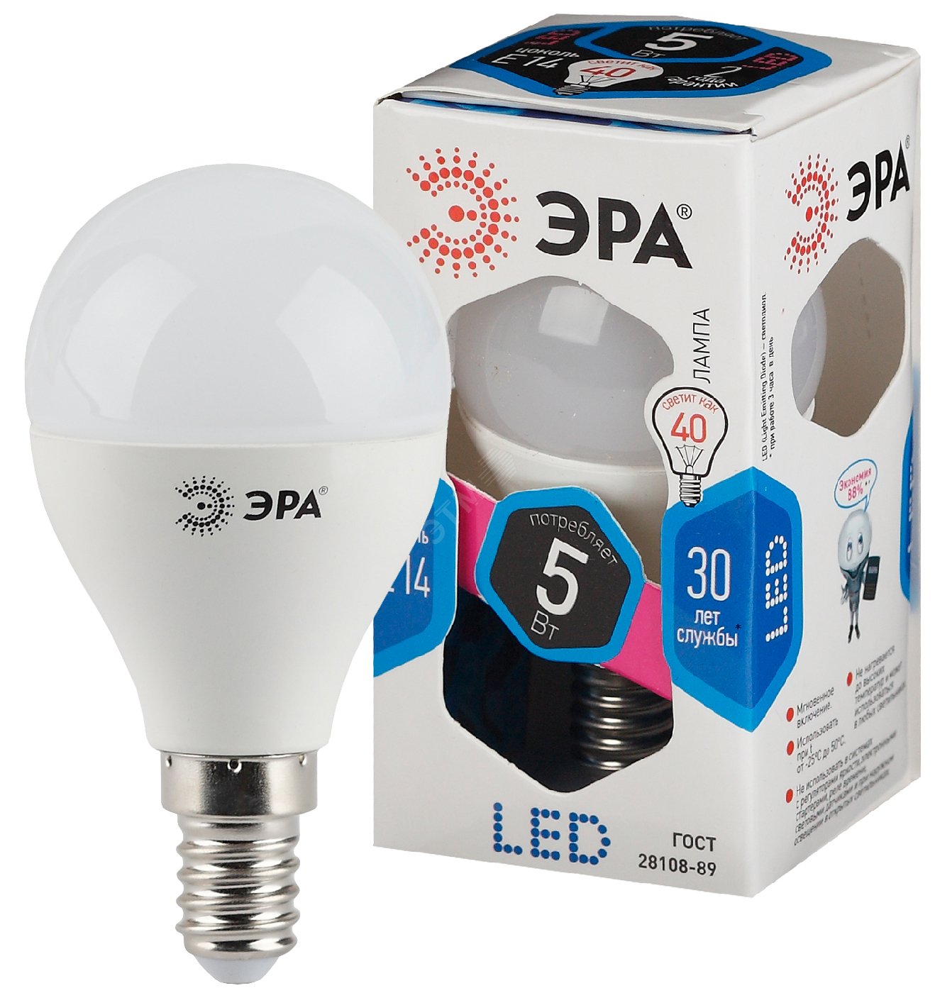 Лампа светодиодная LED P45-5W-840-E14 (диод, шар, 5Вт, нейтр, E14 (10/100/3600) Б0028487 ЭРА - превью