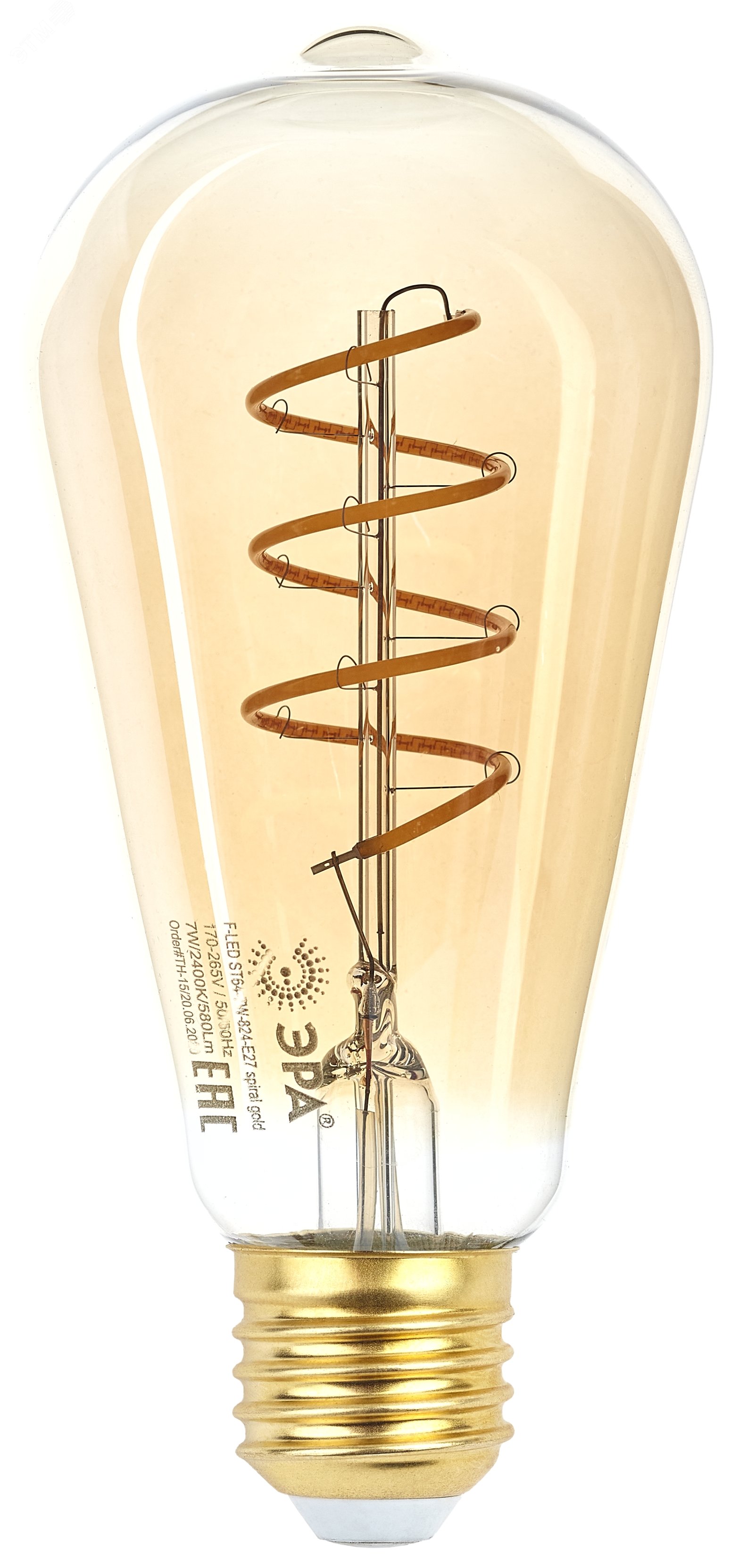 Лампа светодиодная филаментная F-LED ST64-7W-824-E27 spiral gold (филамент, спир зол, 7Вт, тепл, E27) (20/960) Б0047665 ЭРА - превью 3