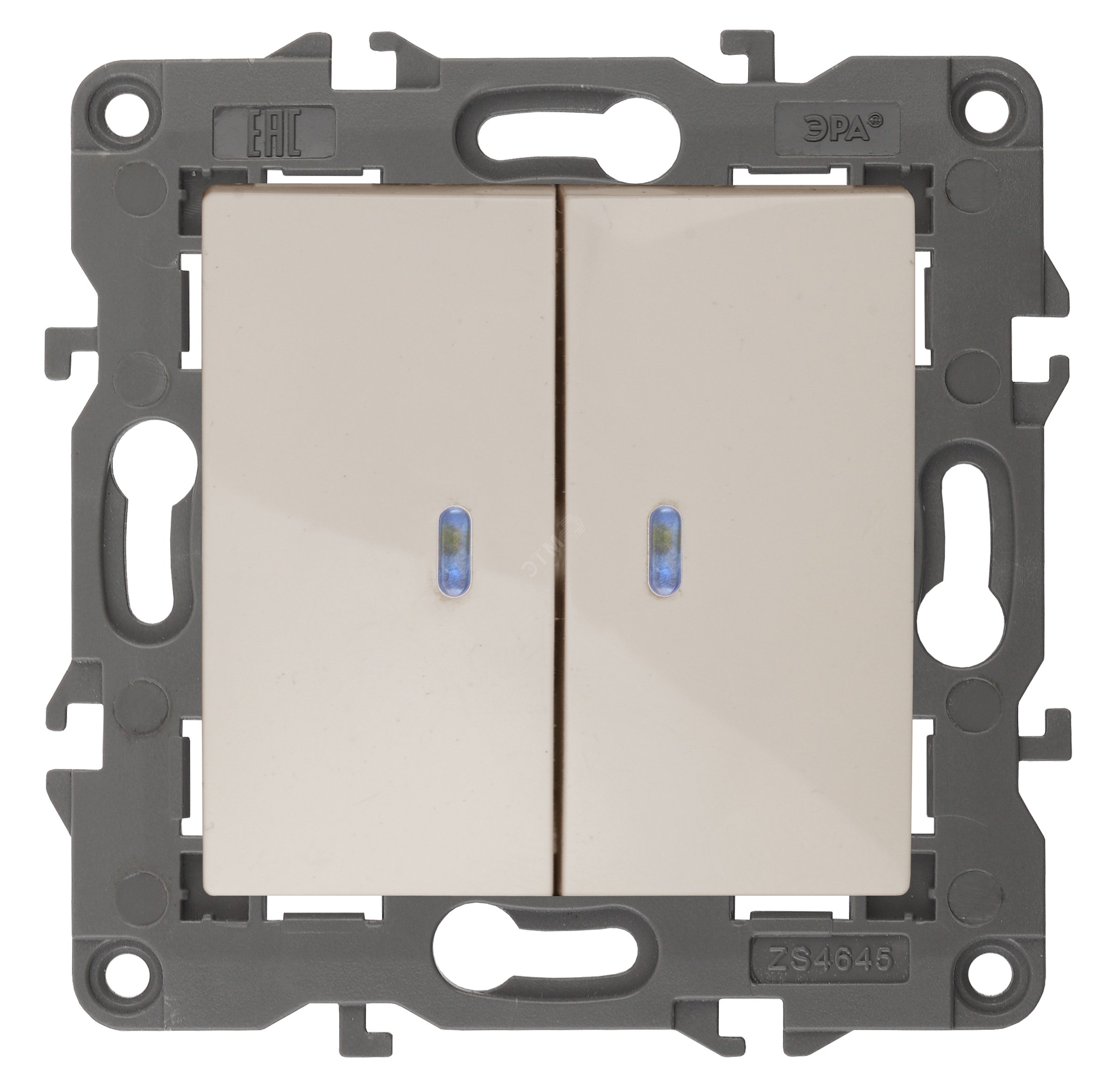 Изображение товара Выключатель двухклавишный, в рамку (скрытого монтажа) с подсветкой слоновая кость 10А 250В автоматические (безвинтовые) зажимы ЭРА Elegance 14-1105-02 (шт)