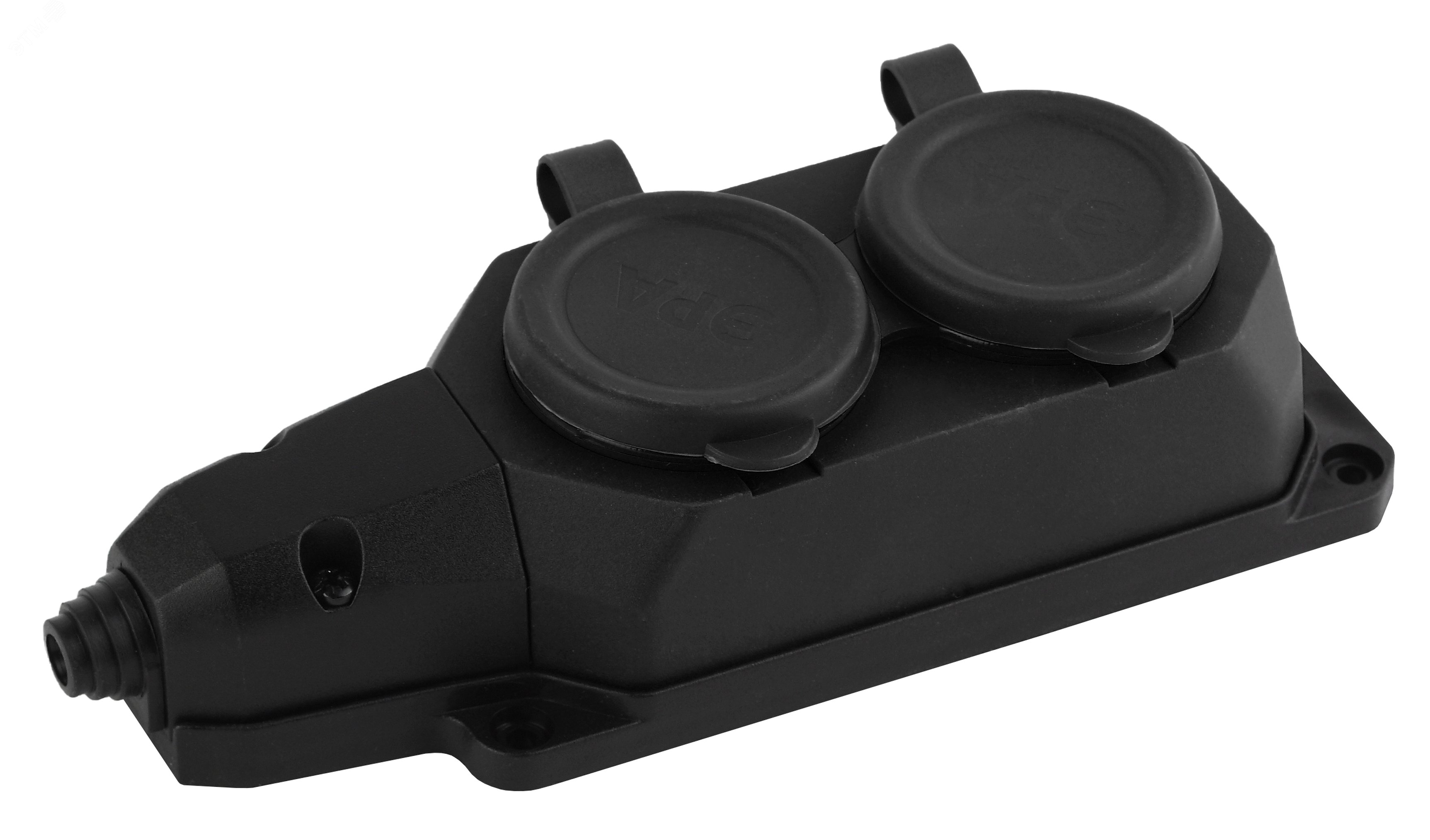 Изображение товара Колодка каучуковая с заземлением 2 розетки IP44 16A черная ЭРА K-2e-B-IP44