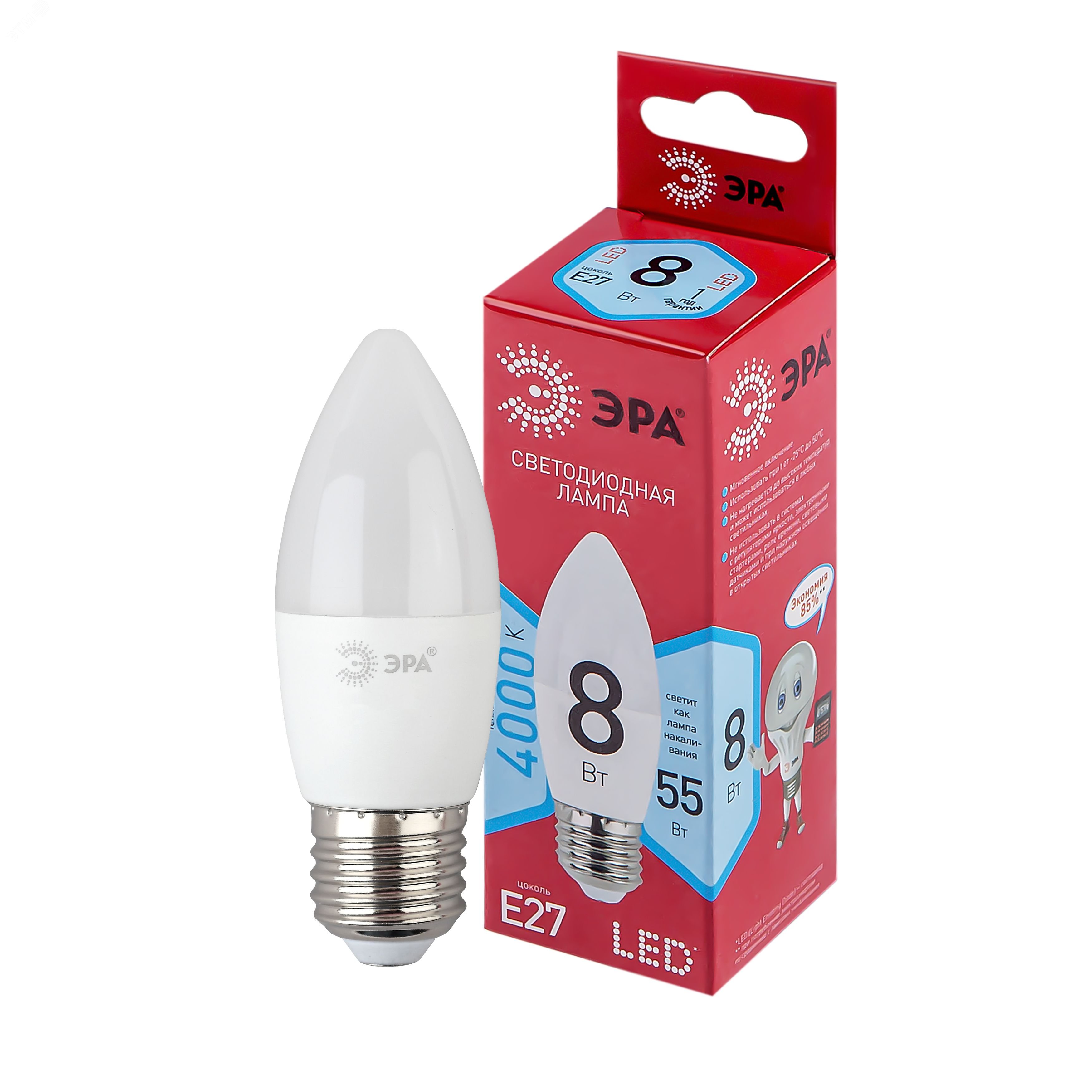 Лампа светодиодная Е27 8 Вт свеча нейтральный белый свет RED LINE LED B35-8W-840-E27 R E27 / ЭРА Б0050695 ЭРА - превью