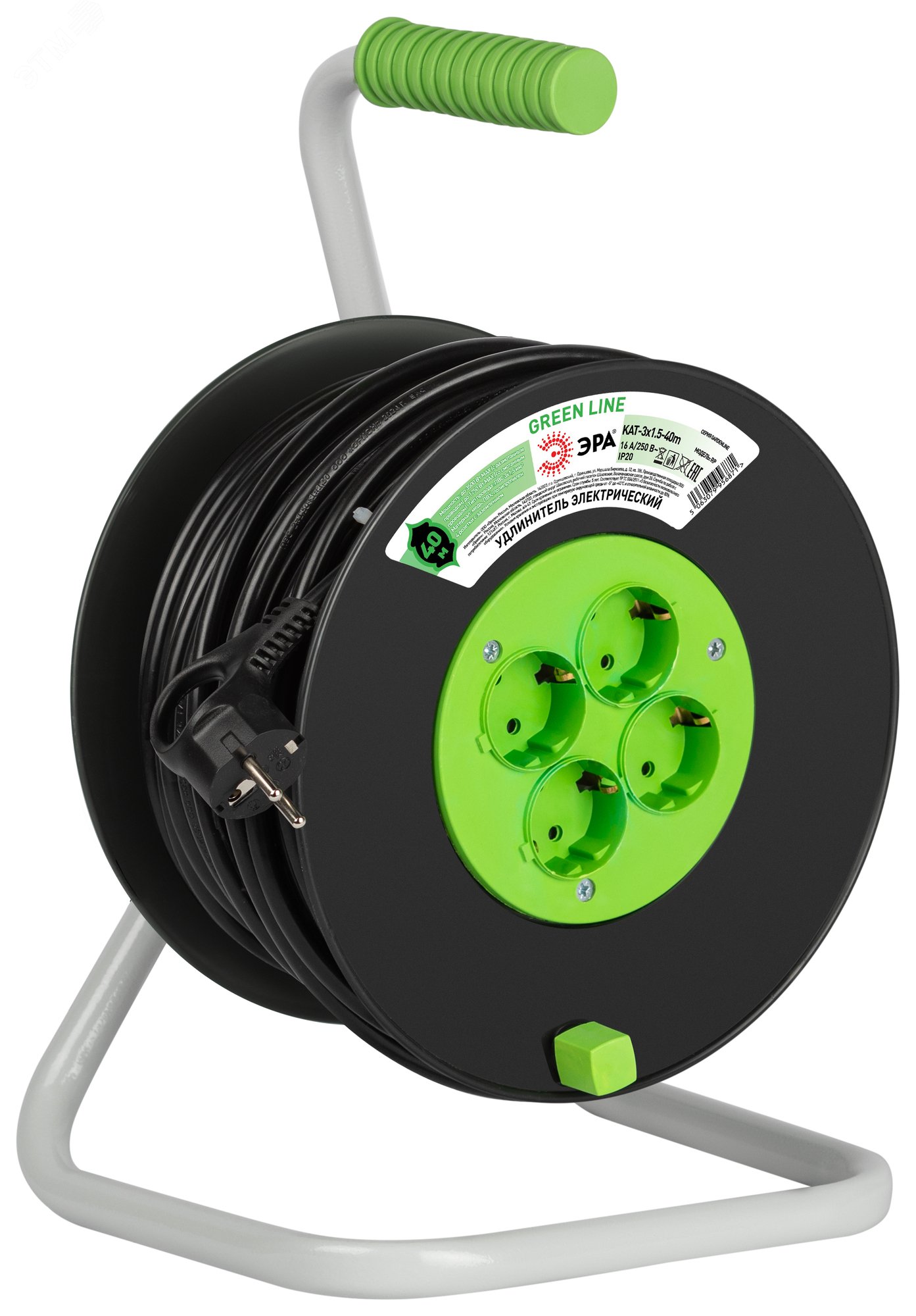 Изображение товара Удлинитель силовой GREEN LINE на катушке 40м 4 розетки с заземлением ЭРА