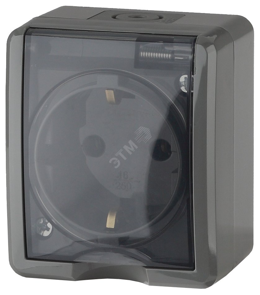 Изображение товара Розетка однофазная наружная (открытой установки) с заземлением со шторками серый 16А 250В IP54 винтовые клеммы 11-2402-03 Эра Эксперт (шт)