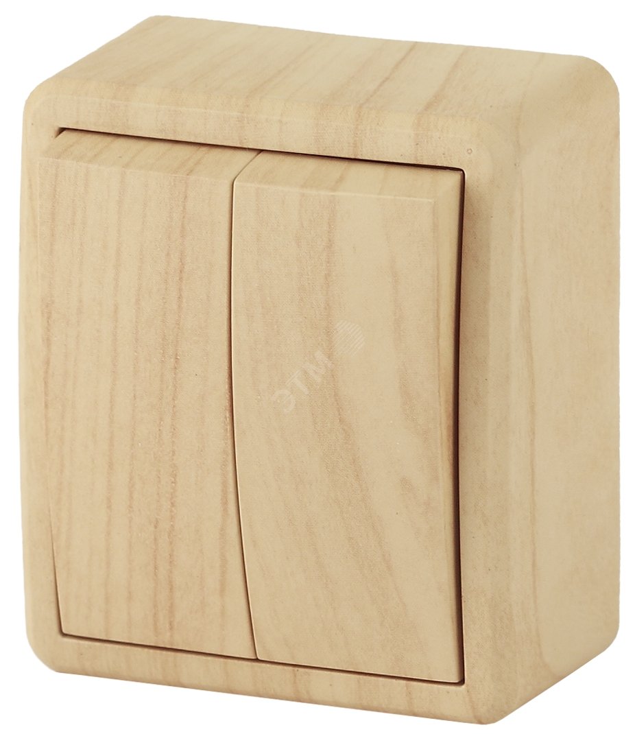 Изображение товара Двухклавишный наружный выключатель IP20 сосна 10А 250В ЭРА Эксперт 11-1204-11