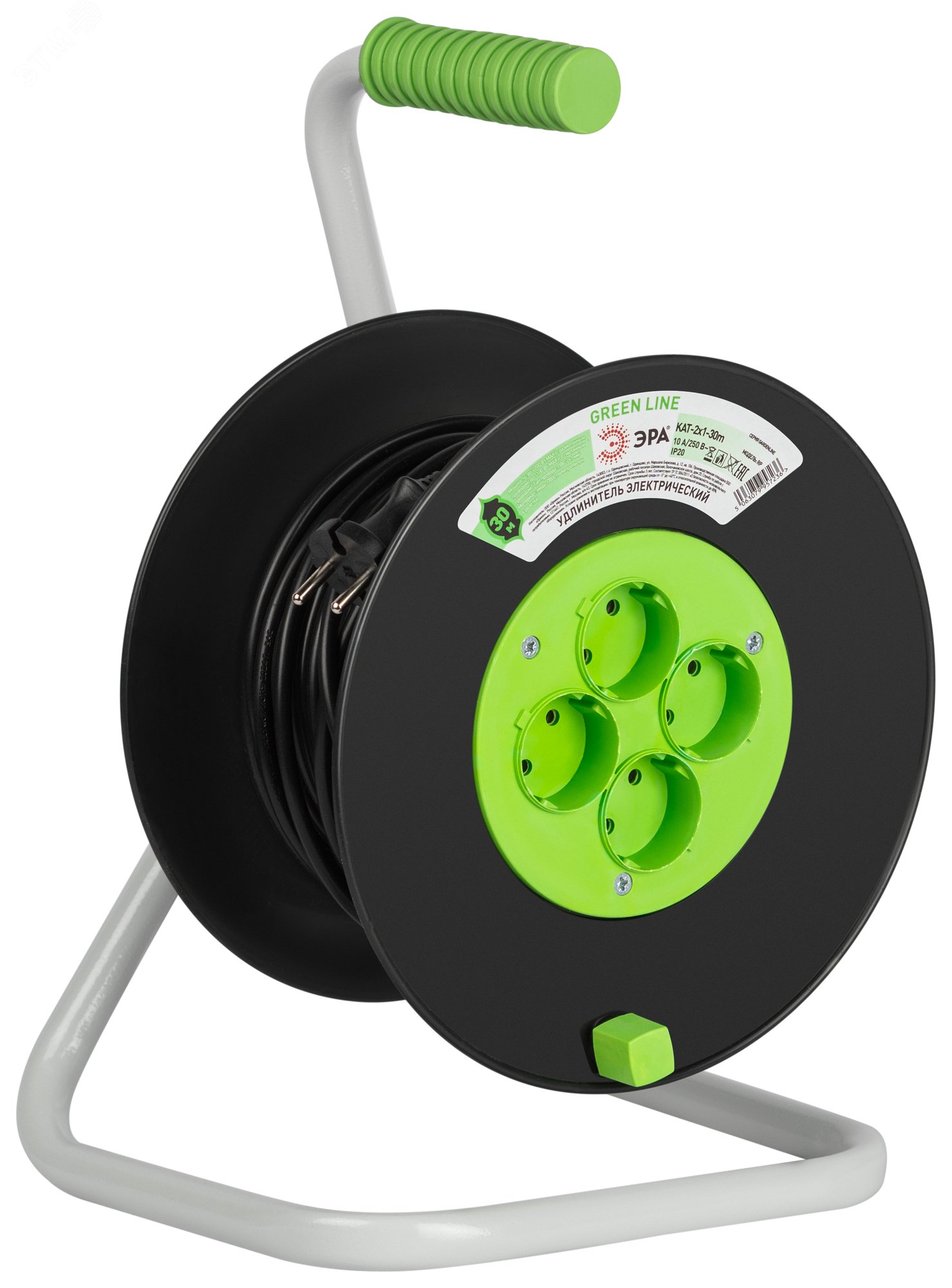 Изображение товара Удлинитель силовой GREEN LINE на катушке 30м 4 розетки без заземления ПВС 2x1мм2 ЭРА