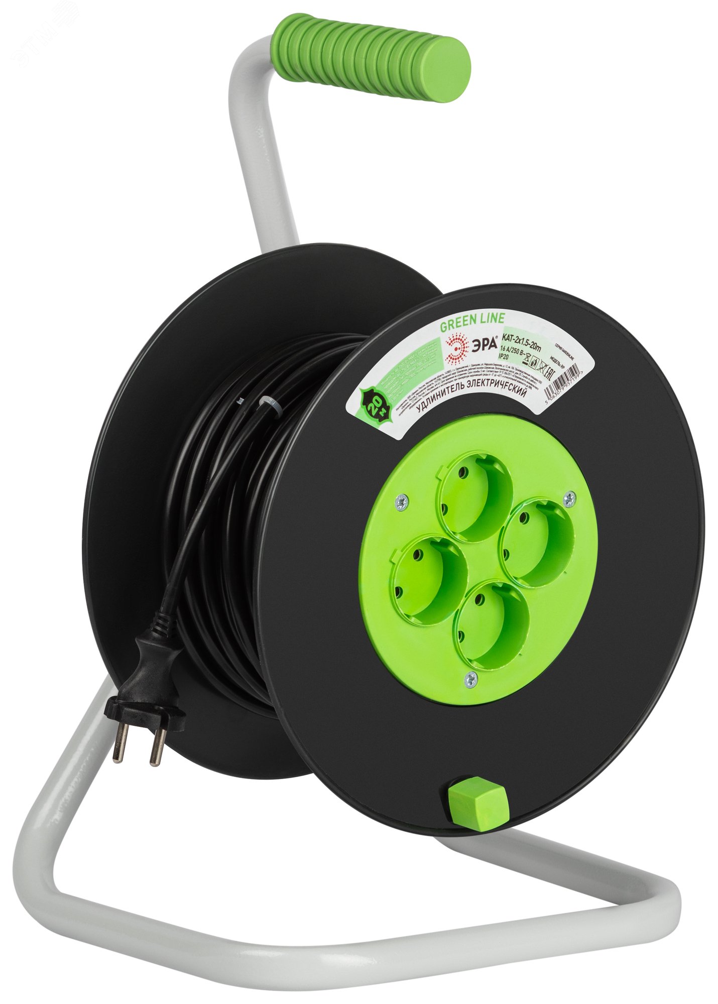 Изображение товара Удлинитель силовой на катушке 4 розетки 20м ПВС 2x1.5мм2 GREEN LINE KAT-2x1.5-20m