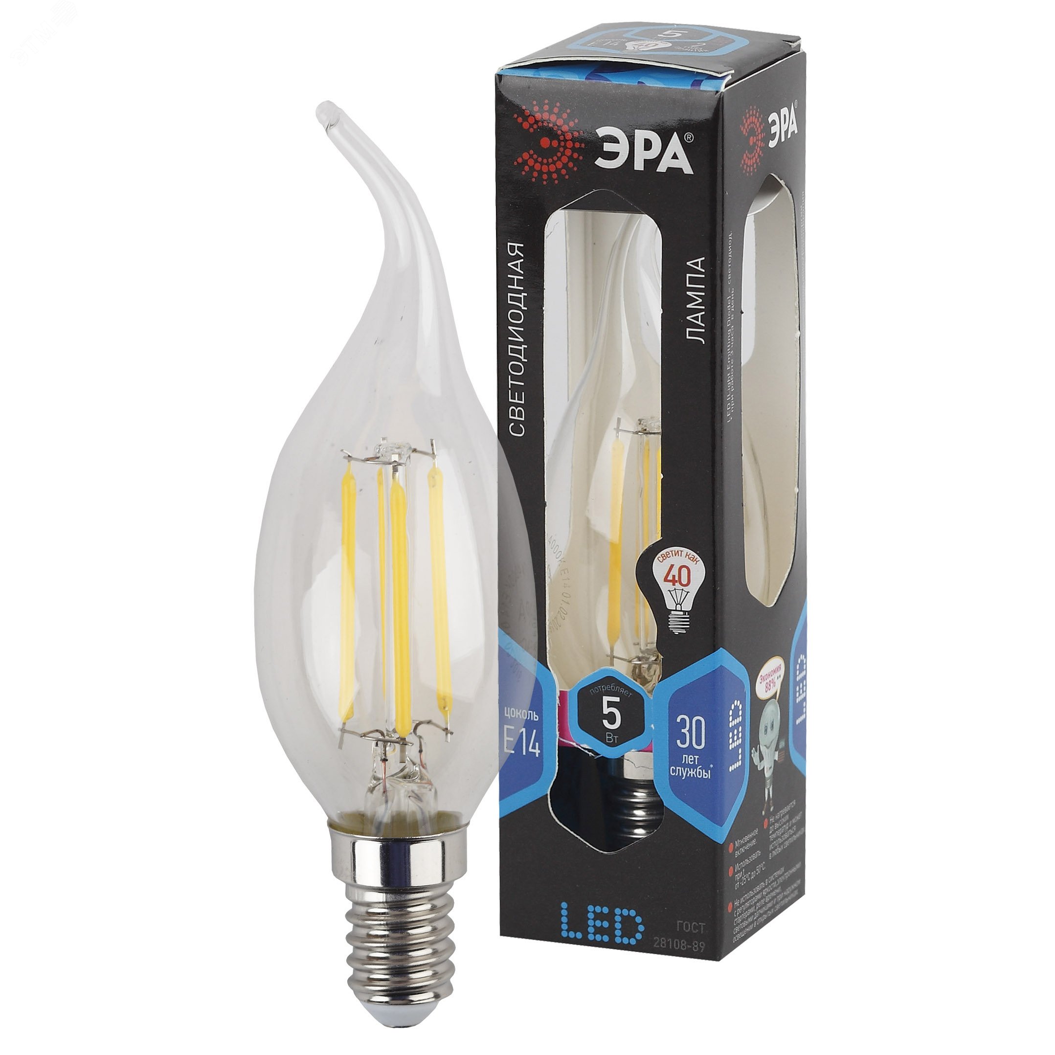 Лампа светодиодная филаментная F-LED BXS-5W-840-E14 (филамент, свеча на ветру, 5Вт, нейтр, E14 (10/100/2800) Б0043448 ЭРА - превью