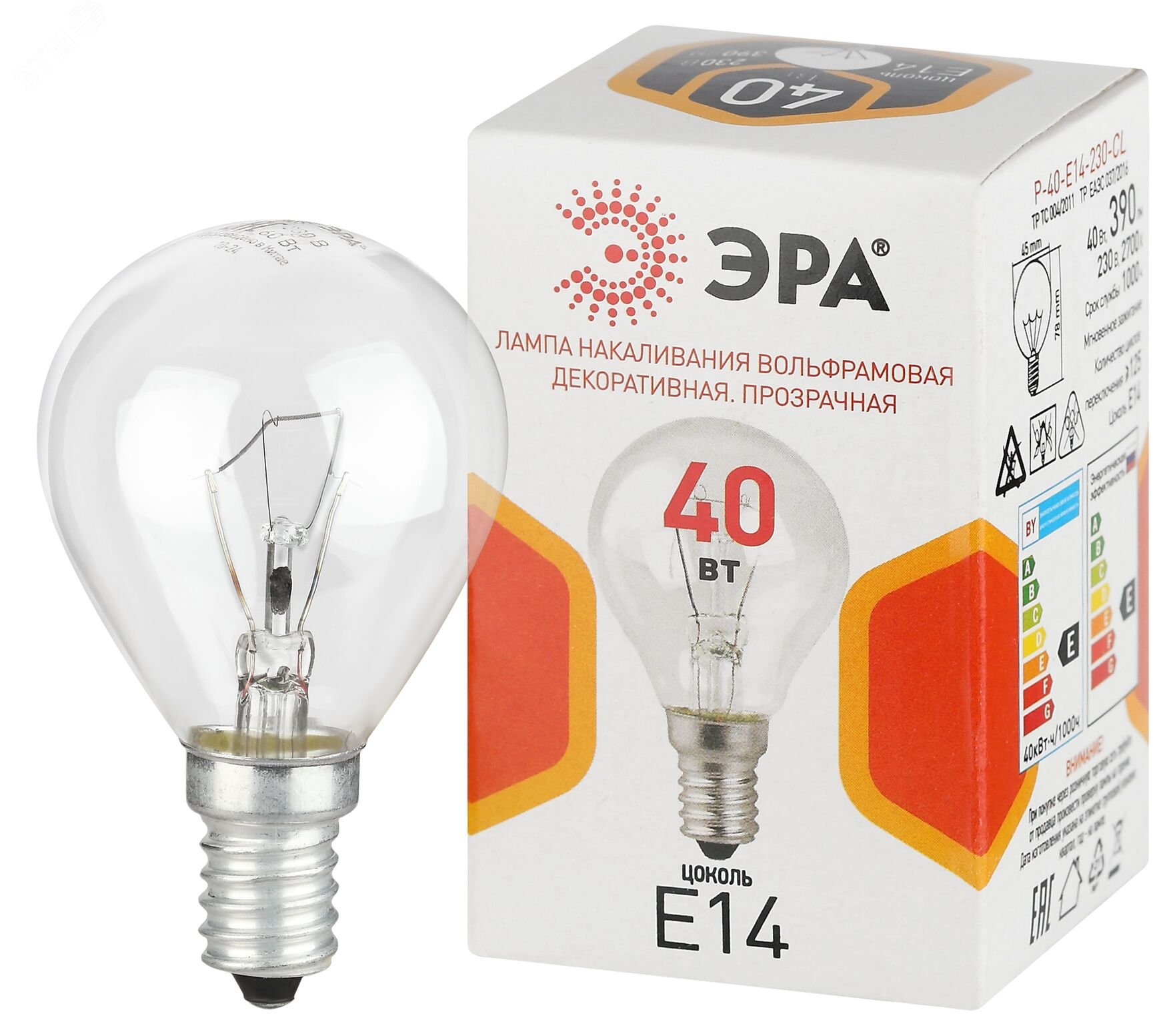 Изображение товара Лампа накаливания P-40-E14-230-CL 40Вт 230В шар прозрачный цветная коробка Е14 (шт)
