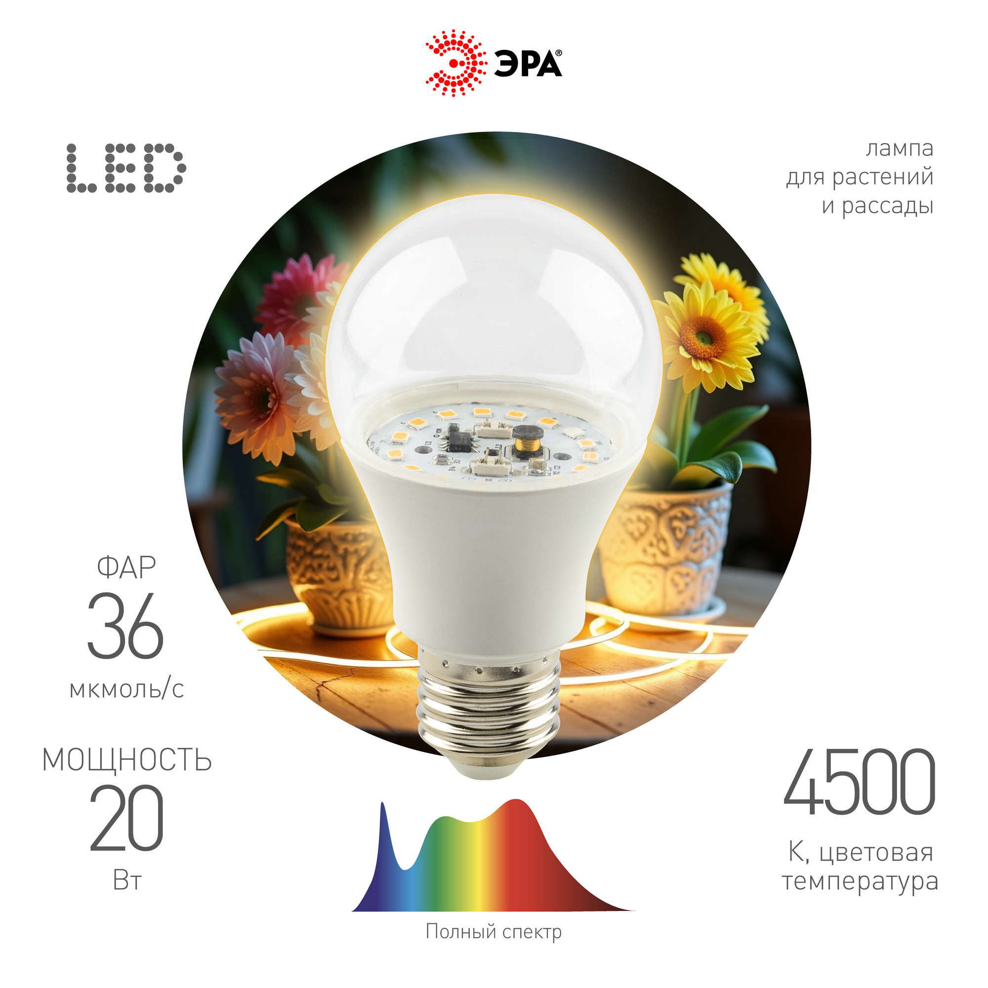 Фитолампа для растений светодиодная FITO-20W-Ra90-E27 полного спектра 20 Вт Е27