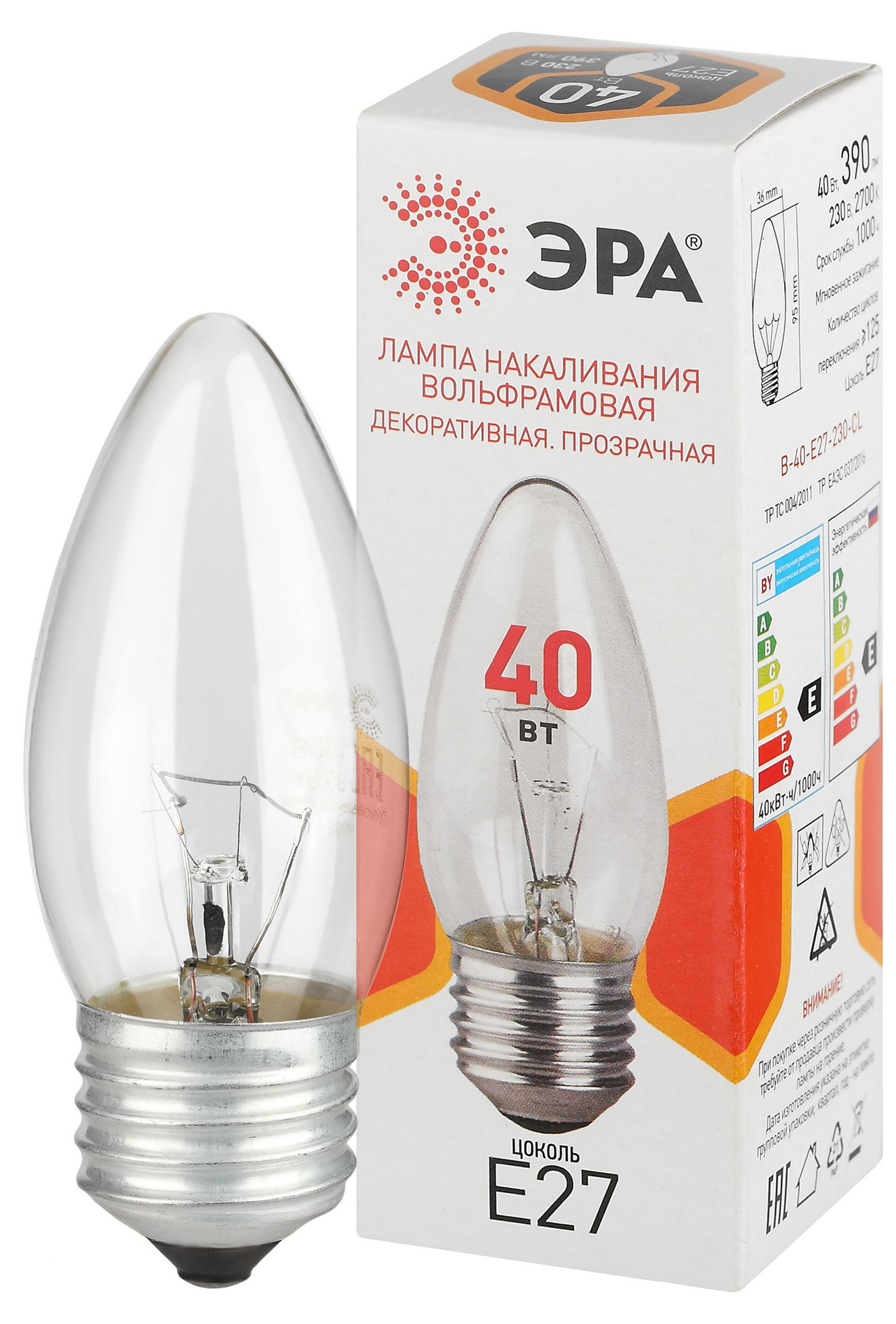 Лампа накаливания 40Вт 230В свеча прозрачная цветная коробка Е27B-40-E27-230-CL