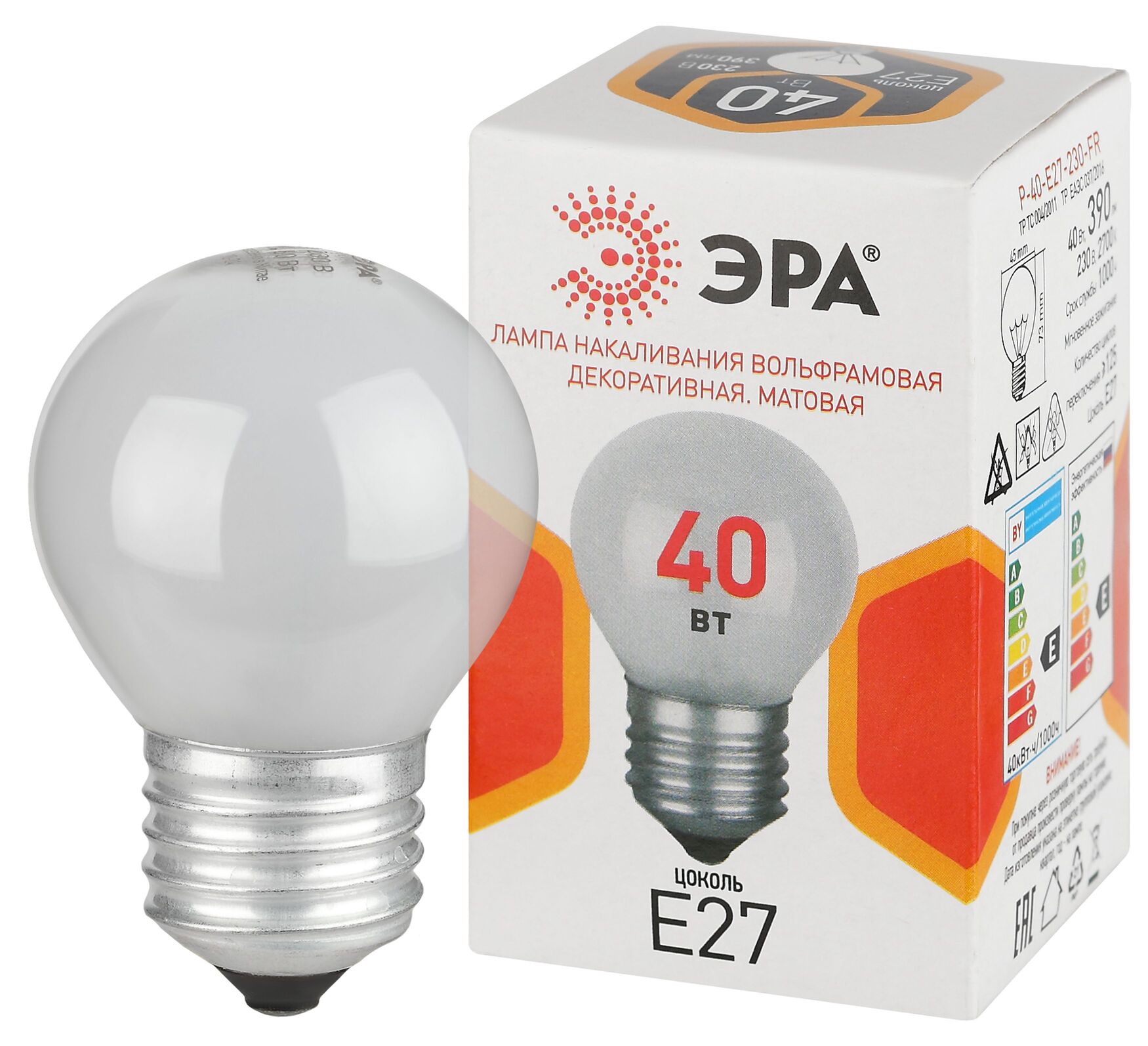 Лампа накаливания P-40-E27-230-FR 40Вт 230В шар матовый цветная коробка Е27