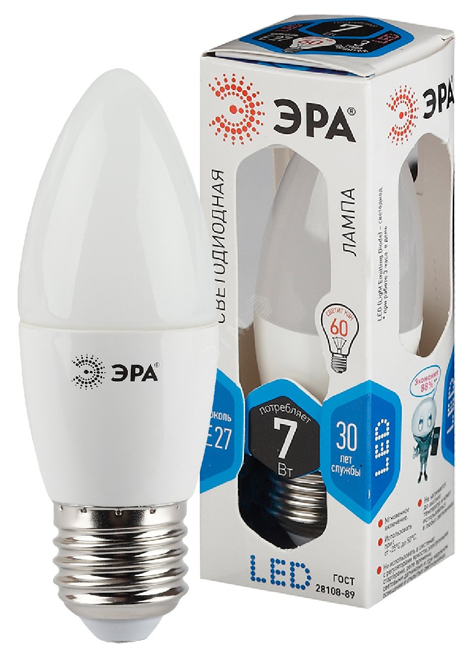 Лампа светодиодная Эра LED B35-7W-840-E27 (диод, свеча, 7Вт, нейтр, E27), Б0020540 ЭРА - превью