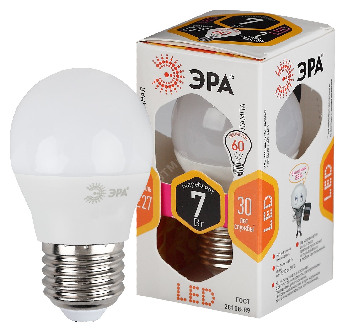 Лампа светодиодная Эра LED P45-7W-827-E27 (диод, шар, 7Вт, тепл, E27) Б0020550 ЭРА - превью