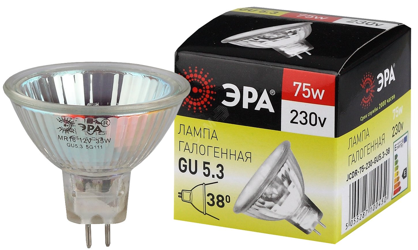 Лампа накаливания галогенная GU5.3-JCDR (MR16) -75W-230V-CL (галоген, софит, 75Вт, нейтр, GU5.3) (10/200/6000) C0027366 ЭРА - превью