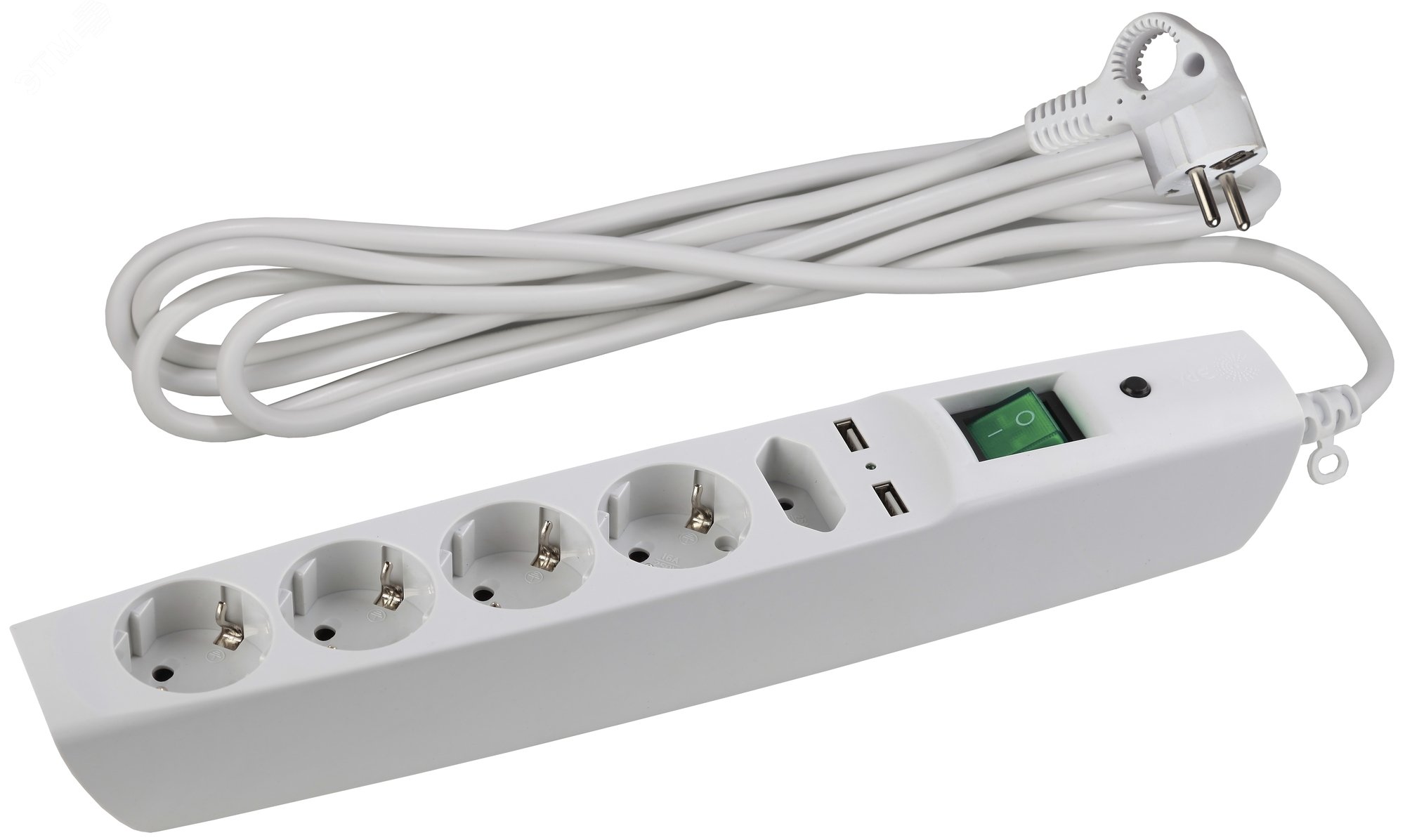 Изображение товара Сетевой фильтр ЭРА SFU-5es-2м-W 5 розеток 2м USB заземление выключатель белый