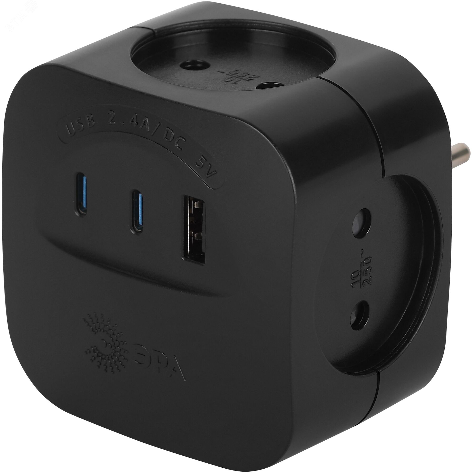 Изображение товара Разветвитель электрический 10А 4 розетки + 3 USB A+C со шторками черный SP-4-3USBAC-B (шт)