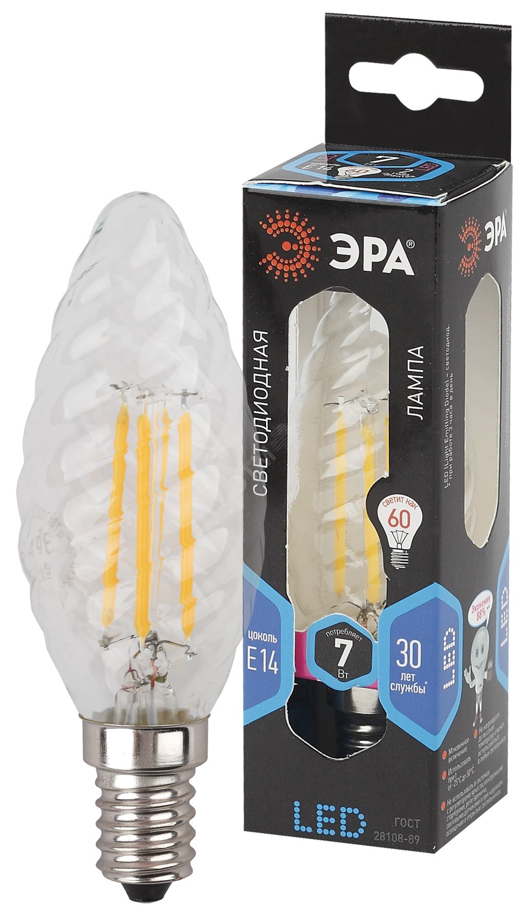 Лампа светодиодная филаментная F-LED BTW-7W-840-E14 (филамент, свеча витая, 7Вт, нейтр, E14 (10/100/2800) Б0027961 ЭРА - превью