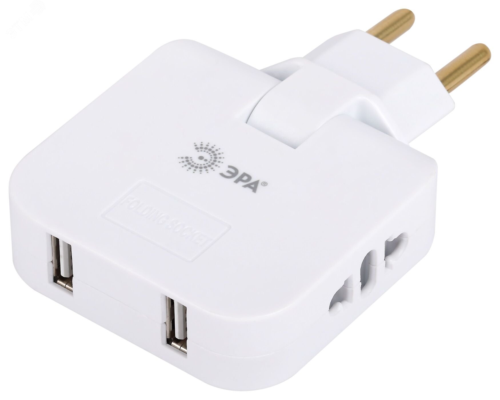 Изображение товара Поворотный тройник электрический на 2 розетки и 2 USB SPF-2-FL-USB белый