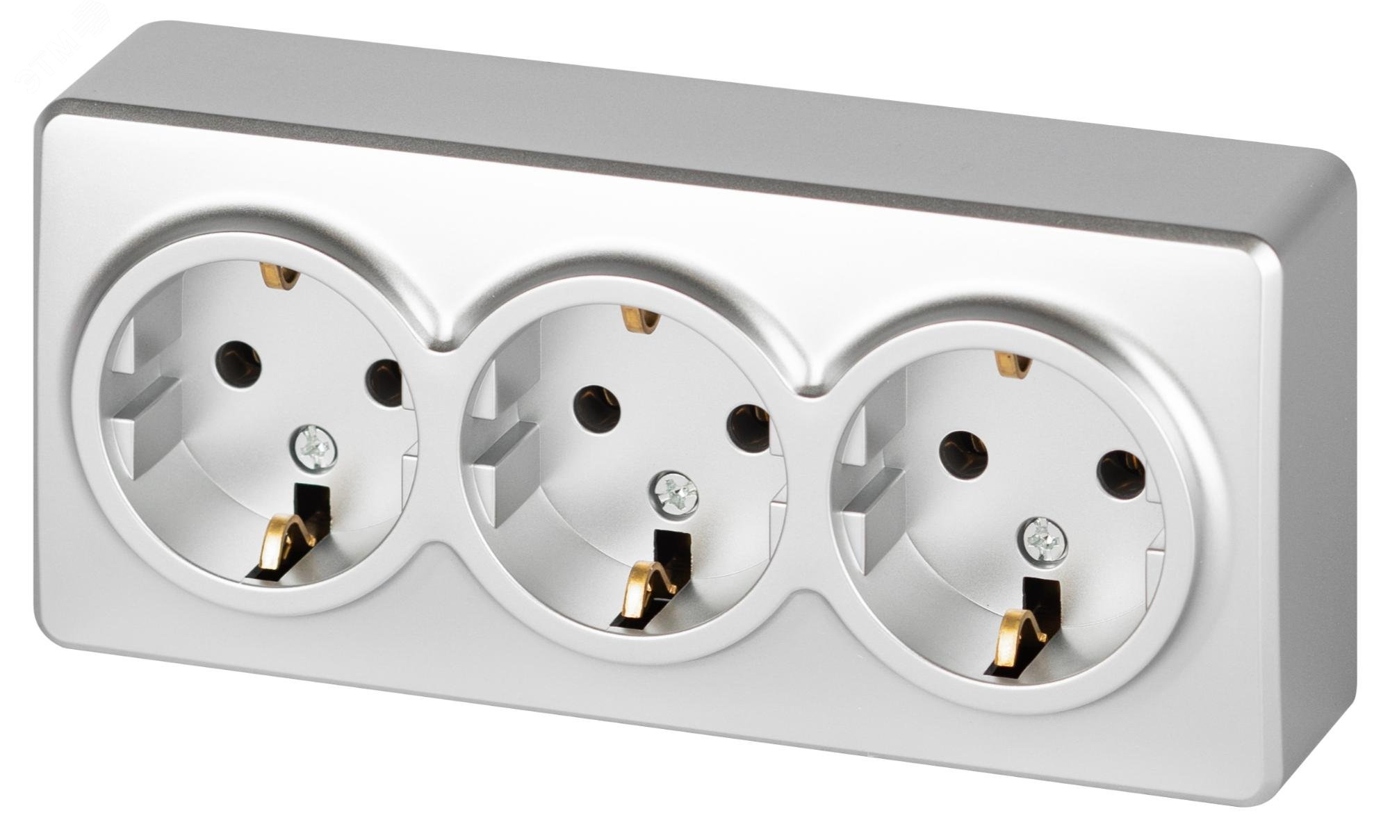 Изображение товара Розетка тройная открытая с заземлением алюминий IP20 16А серия Эра Эксперт