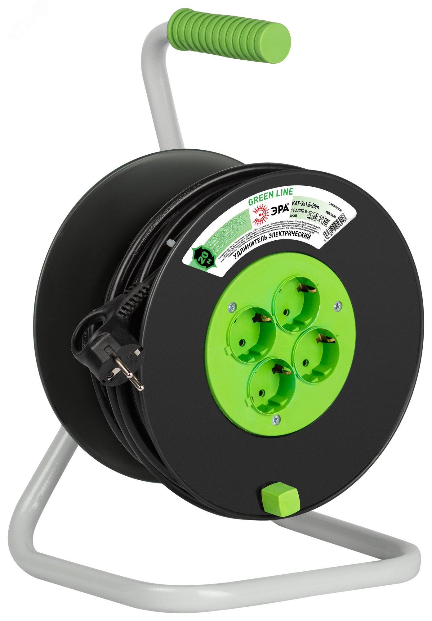 Изображение товара Удлинитель силовой на катушке GREEN LINE KAT-3x1.5-20м с 4 розетками и заземлением