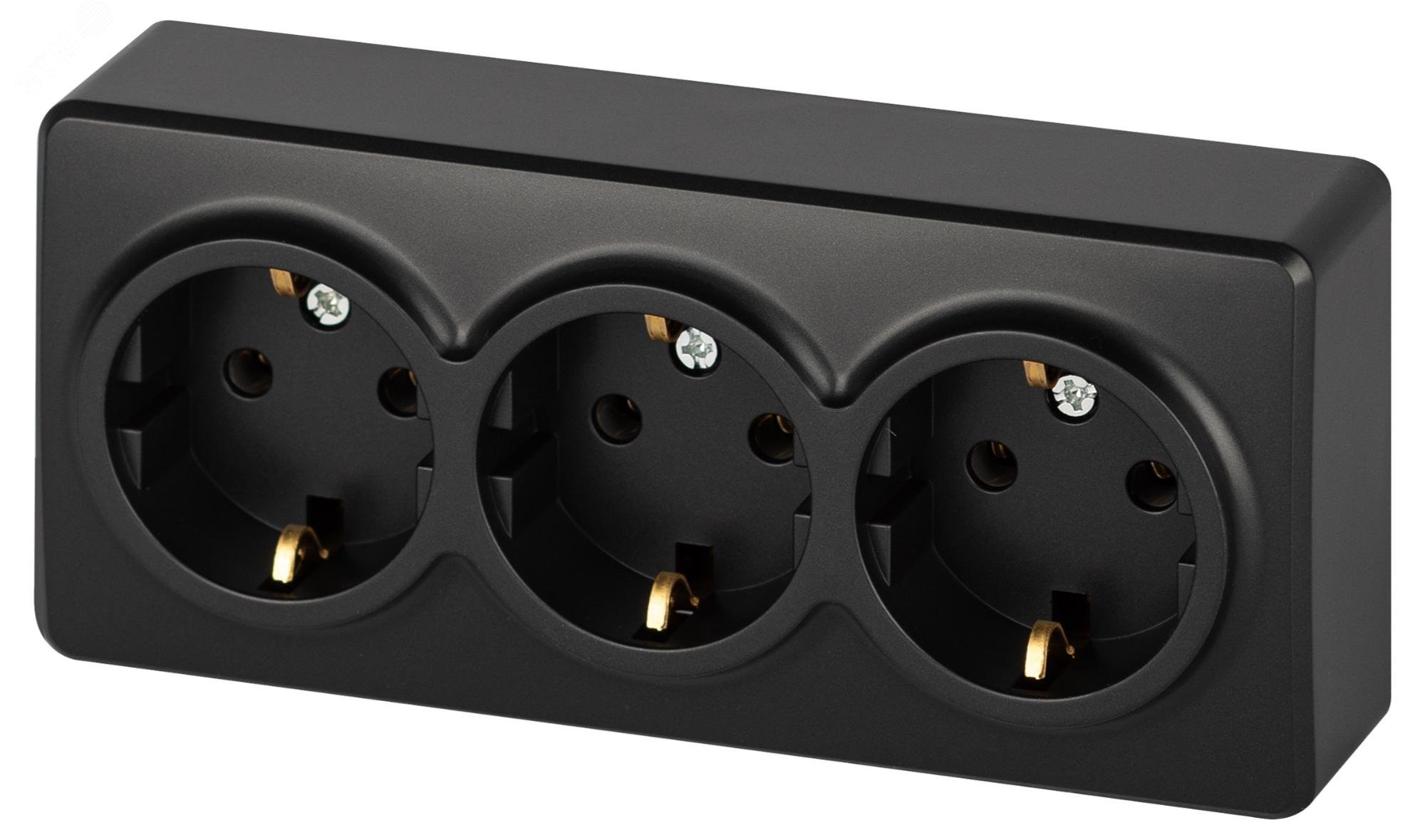 Изображение товара Розетка тройная наружная с заземлением Эра Эксперт антрацит IP20 16А 250В