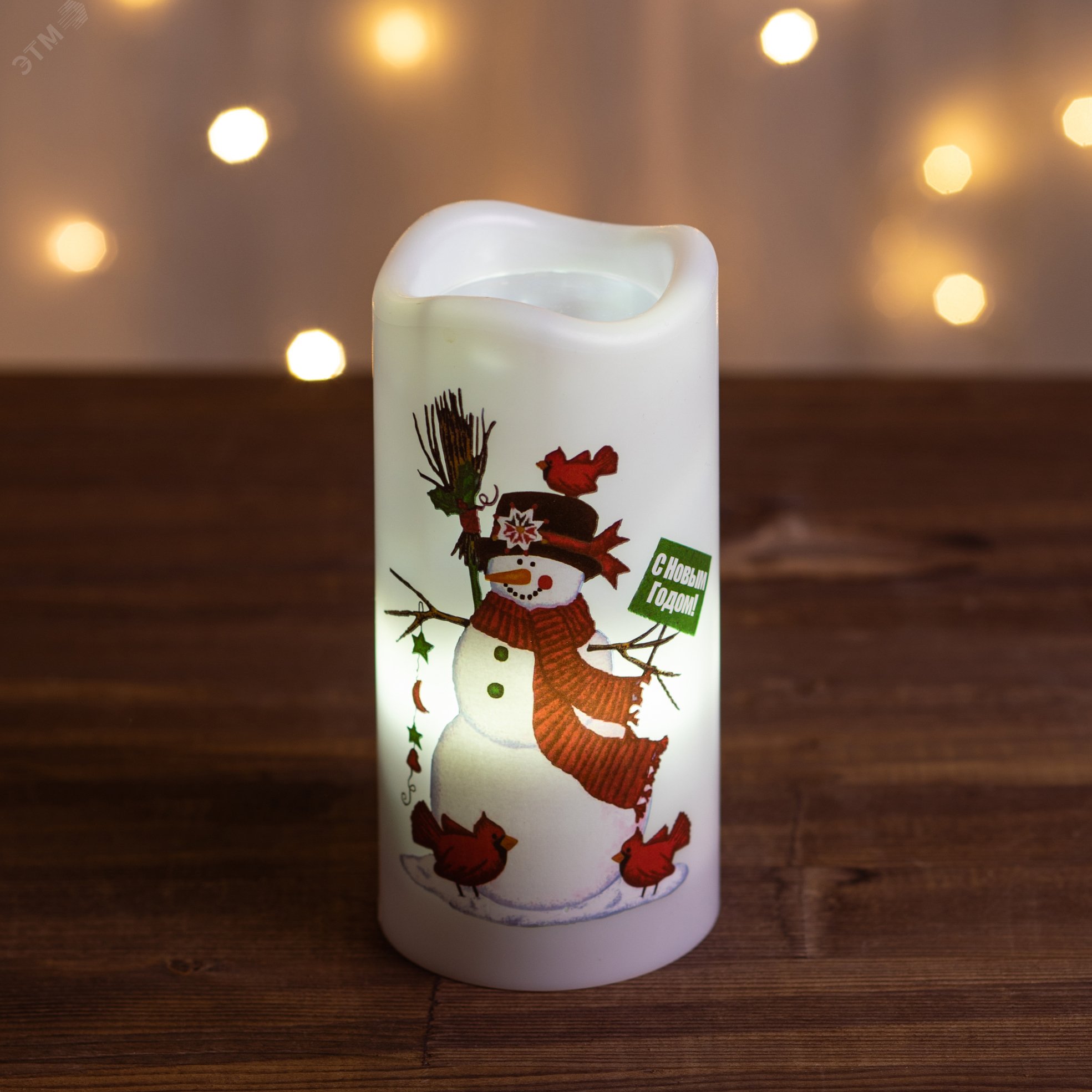 Новогодний декоративный светильник Свеча-проектор Снеговик, теплый свет, 4 LED, 3*ААA, 15 см EGNDS -SN Б0060552 ЭРА