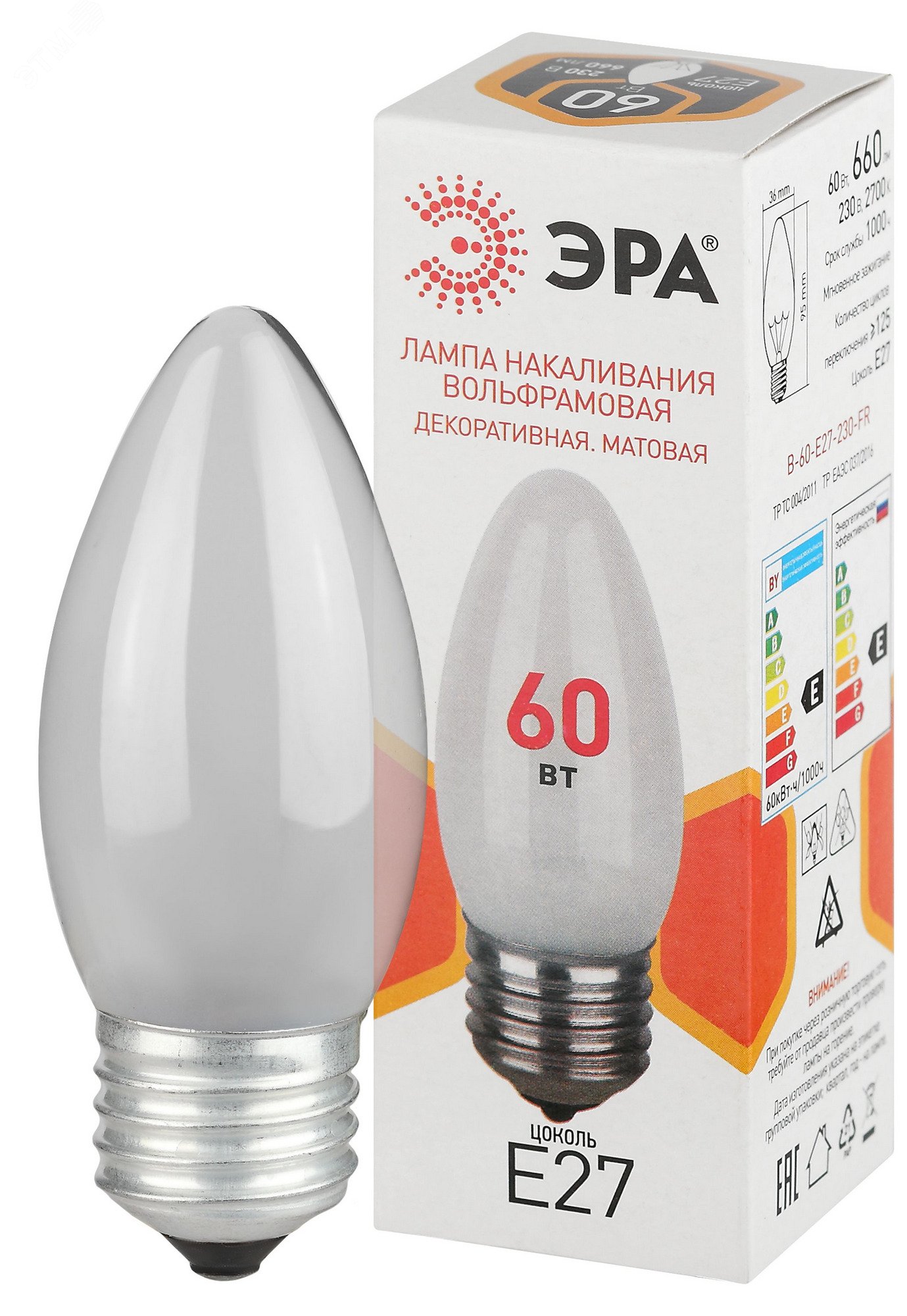Изображение товара Лампа накаливания B-60-E27-230-FR 60Вт 230В свеча матовая цветная коробка Е27 (шт)