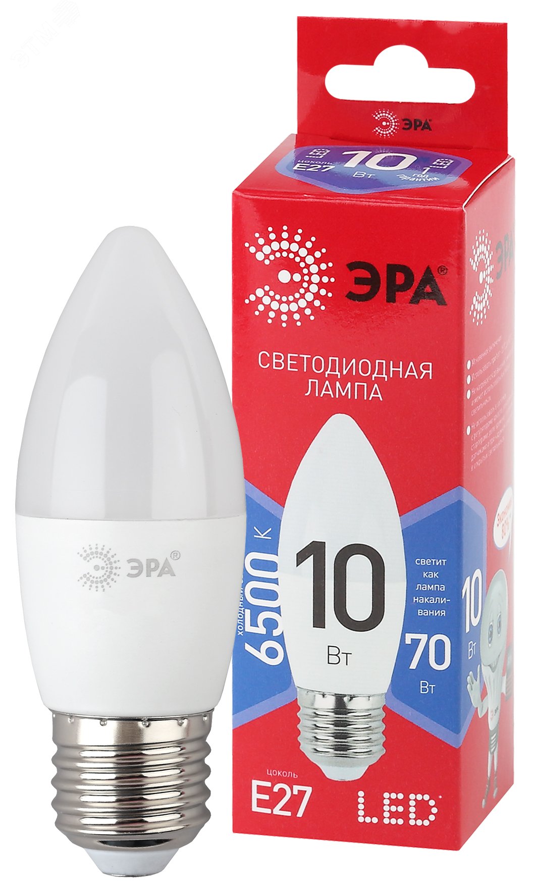 Лампа светодиодная LED B35-10W-865-E27 R (диод, свеча, 10Вт, хол, E27) (10/100/3500) Б0045338 ЭРА - превью