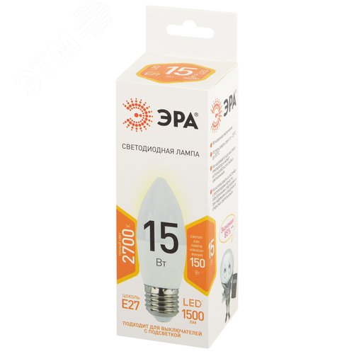 Лампа светодиодная 15т свеча теплый белый свет Е27 STD LED B35-15W-827-E27 - фото 3