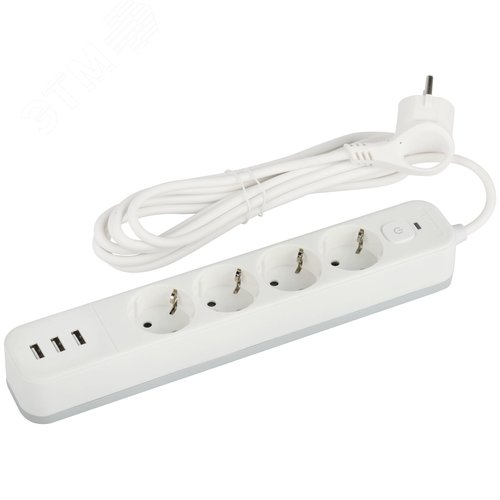 Изображение товара Сетевой фильтр USF-4es-1,5m-3xUSBA-W с базовой защитой с заземлением с выключателем 4 розетки+3xUSBA 3,1A 1,5м 10А (шт)