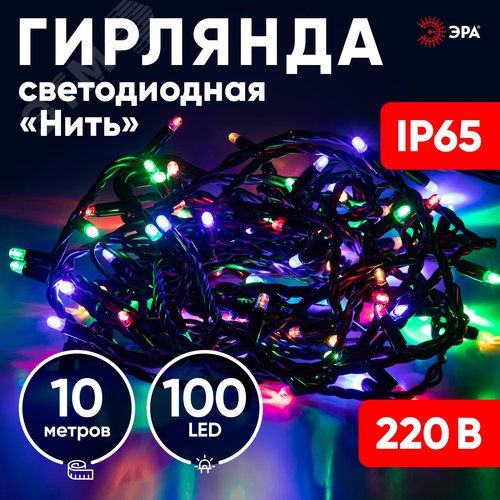 Гирлянда нить светодиодная новогодняя черный ПВХ 10 м мультиколор 100 LED, IP65 ERAPS-PM10 - фото 5