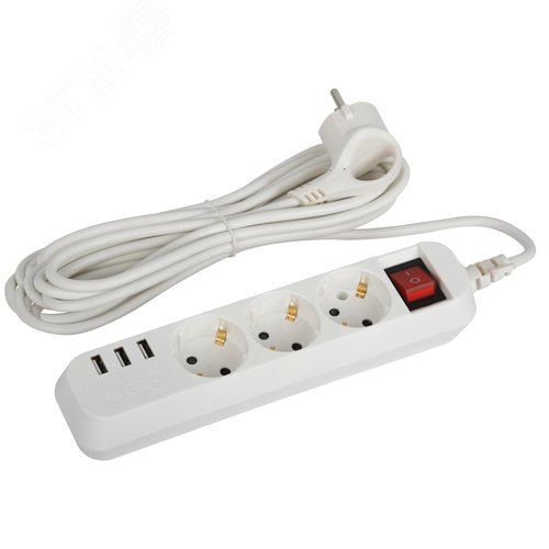Изображение товара Удлинитель электрический U-3es-5m-USB c заземлением с выключателем 3 розетки + 3xUSBA 5м 10А (шт)