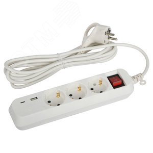 Изображение товара Удлинитель электрический UB-3es-3m-USB c заземлением с выключателем 3 розетки + 1xUSBA+1xUSBC 3м 10А (шт)