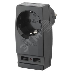 Изображение товара Адаптер ''Polynom'' 1гн 220V + 2xUSB 2100mA, c заземл, (черный) (10/60/1440) SP-1e-USB-B '' (шт)