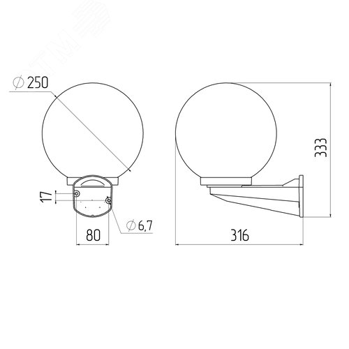 Светильник настенный НБУ 01-60-251 шар опаловый IP44 Е27 max60Вт d250mm с настенным крепежом - фото 6