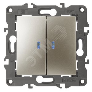 Изображение товара Выключатель двухклавишный, в рамку (скрытого монтажа) с подсветкой шампань 10А 250В автоматические (безвинтовые) зажимы ЭРА Elegance 14-1105-04 (шт)