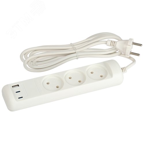 Изображение товара Удлинитель электрический U-3-3m-USB-W 3 розетки + 3xUSB A+C 3м 10А белый (шт)