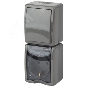 Изображение товара Блок розетка+выкл. верт. IP54, 16A(10AX)-250В, ОУ, Эра Эксперт, серый, 11-7407-03 (шт)